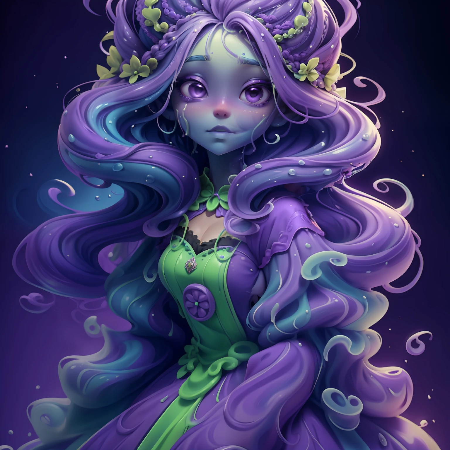 Slime girl, (slime), Slime hair Crown braid hair style, Psychedelic purple, crazy style dress, Masterpiece, Best Quality