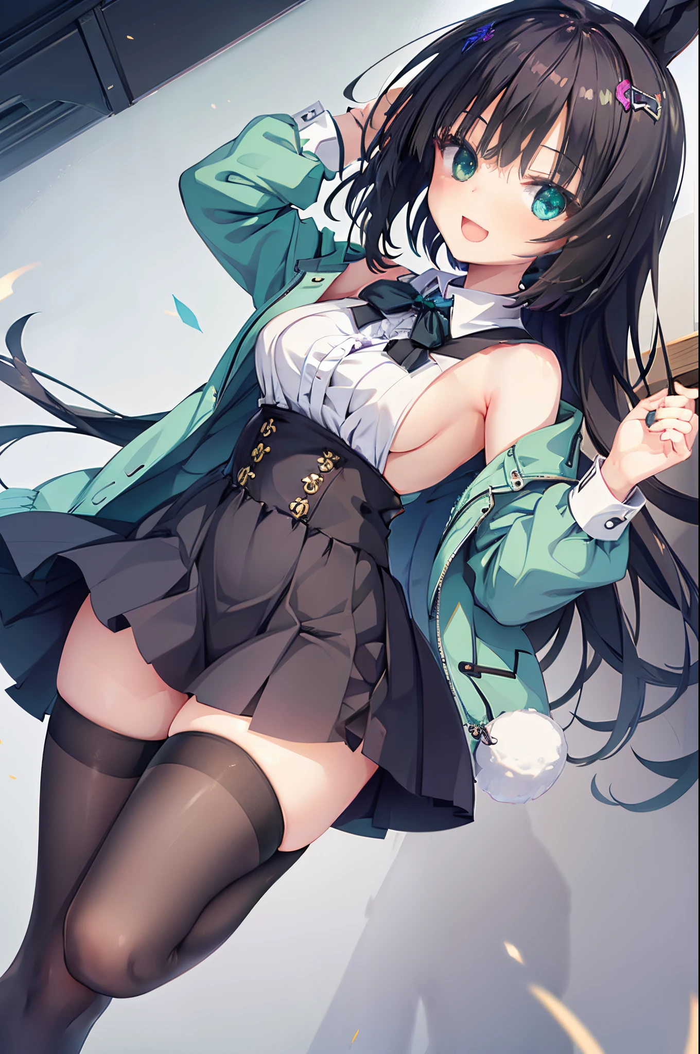  girl,Colossal tits,Smile with open mouth,A dark-haired,Twin-tailed,Bunny Costume,Whip thighs,hair adornments,Heterochromia,Blue and green eyes,Top image quality,Best Quality