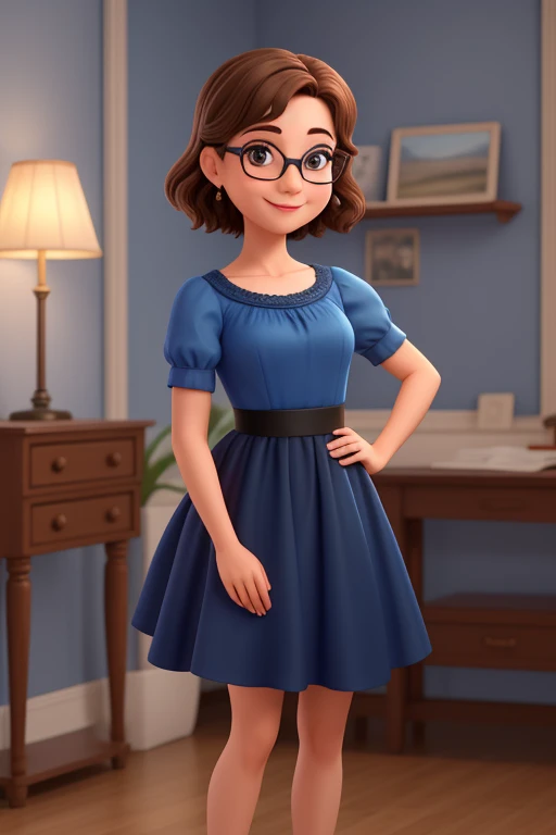 Uma mulher de 30 anos, standing in a blue dress and black ballet flats with short brown hair, Rosto redondo, rosto redondo com sorriso encantador, e olhos castanhos, wearing glasses.