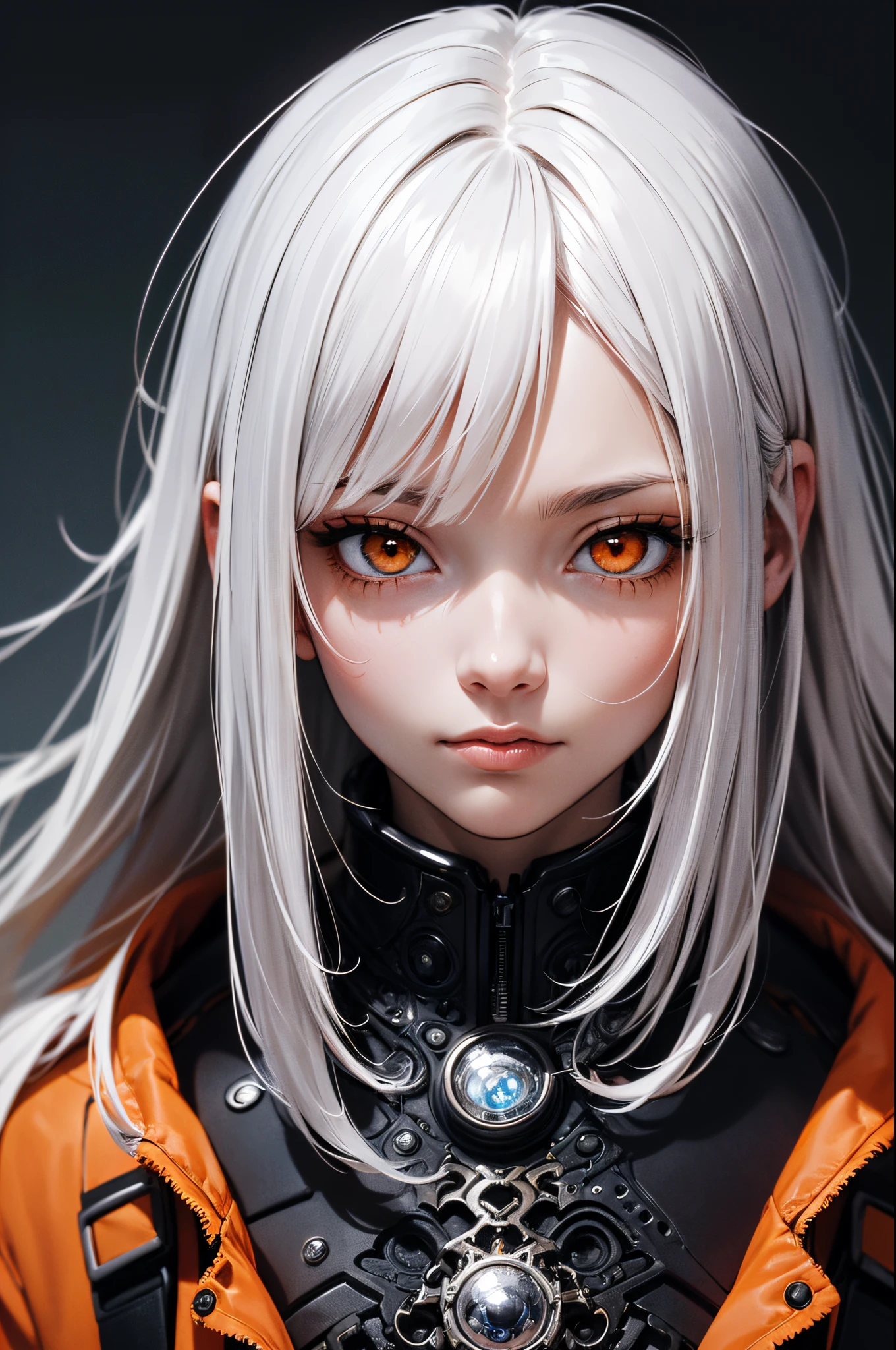 style of Tsutomu Nihei,(incredibly absurdres, (high resolution:1.18), intricate detail, (masterpiece:1.1), (highest quality:1.1), absurdres),(1girl, portrait, white hair, orange eyes, long hair, detailed eyes),