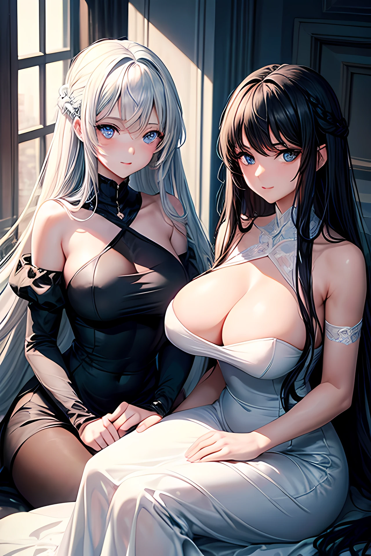 2 girls, long black hair girl, blue eyes, soft smile, big breasts, Elegant Line Slim Fit Dress, long silver hair girl, blue eyes, soft smile, big breasts, white dress