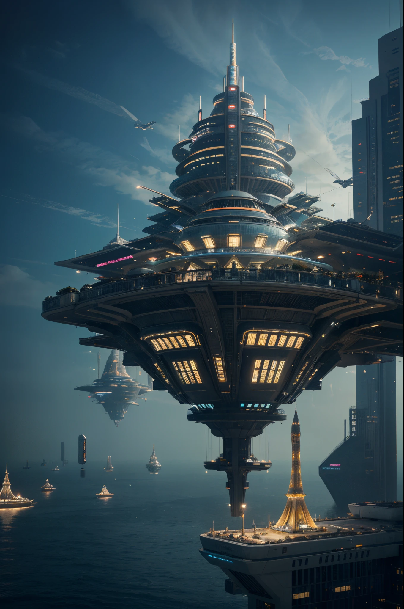 Create futuristic hyperealist works of art, Imagine a floating city in the sky, with complex architectural structures and advanced technology. Paint this futuristic city with a wealth of detail, capturing the bright lights, suspended platforms and flying vehicles that crisscross the skies.