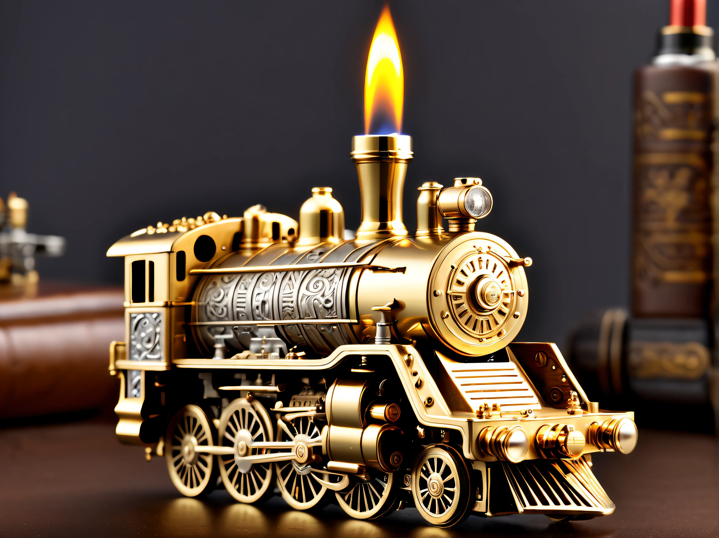 (8K, 16k, Award-winning, Best quality at best, Highest high resolution, super detailing, high detal, Anatomically correct, tmasterpiece, Breathtakingly beautiful), Product design,luxury accessories,locomotive lighter,The lighter is shaped like a steam locomotive,golden colored,Steampunk style exquisite craftsmanship , Legend locomotive lighter, Rare and precious, Complicated details, Locomotive lighters are made of a metal called ice, There are gems, (Ancient writings are engraved on the inside of the locomotive lighter: 1.2), Impeccably clean, platinum, The white, Gold and silver, Locomotive lighter on the table