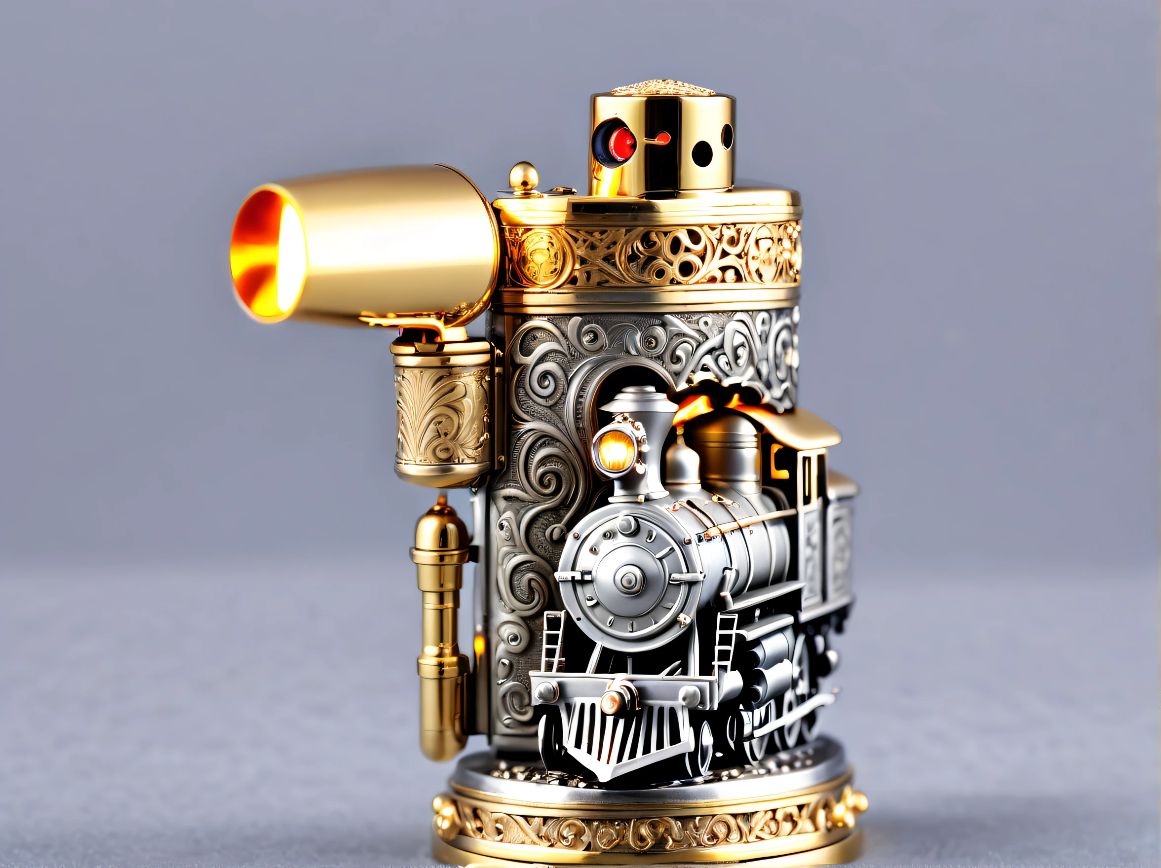 (8K, 16k, Award-winning, Best quality at best, Highest high resolution, super detailing, high detal, Anatomically correct, tmasterpiece, Breathtakingly beautiful), Product design，luxury accessories，locomotive lighter，The lighter is shaped like a steam locomotive，golden colored，Steampunk style exquisite craftsmanship , Legend locomotive lighter, Rare and precious, Complicated details, Smart clock is made of a metal called ice, There are gems, (Ancient writings are engraved on the inside of the locomotive lighter: 1.2), Impeccably clean, platinum, The white, Gold and silver, Locomotive lighter on the table