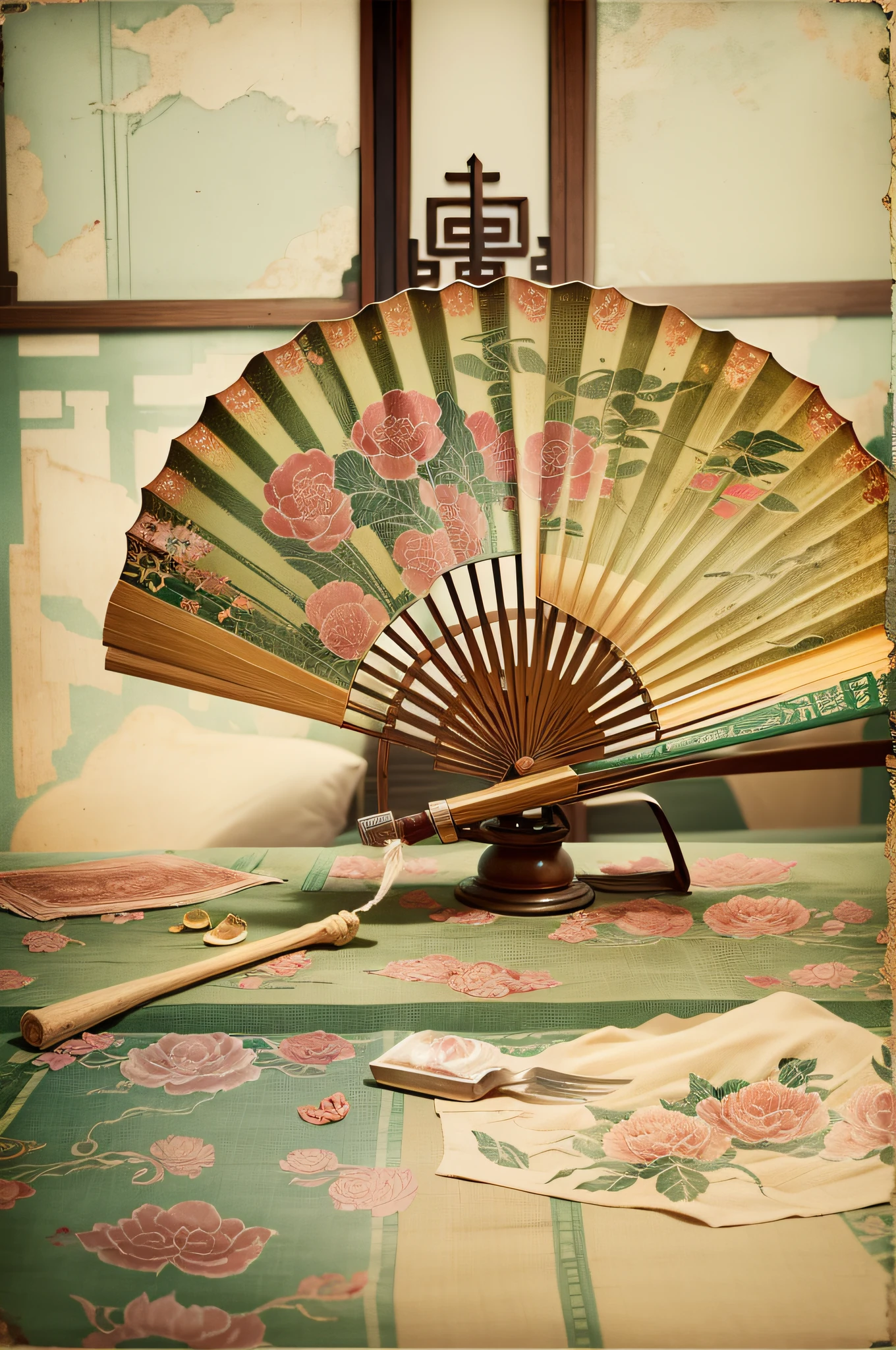 desolated, Old Chinese fan, dusty, Ethno, overdetalization, on an old Chinese table, Dust, broken Chinese dishes, dirty Chinese tablecloth, web, Masterpiece, Doubleexposure, retro style