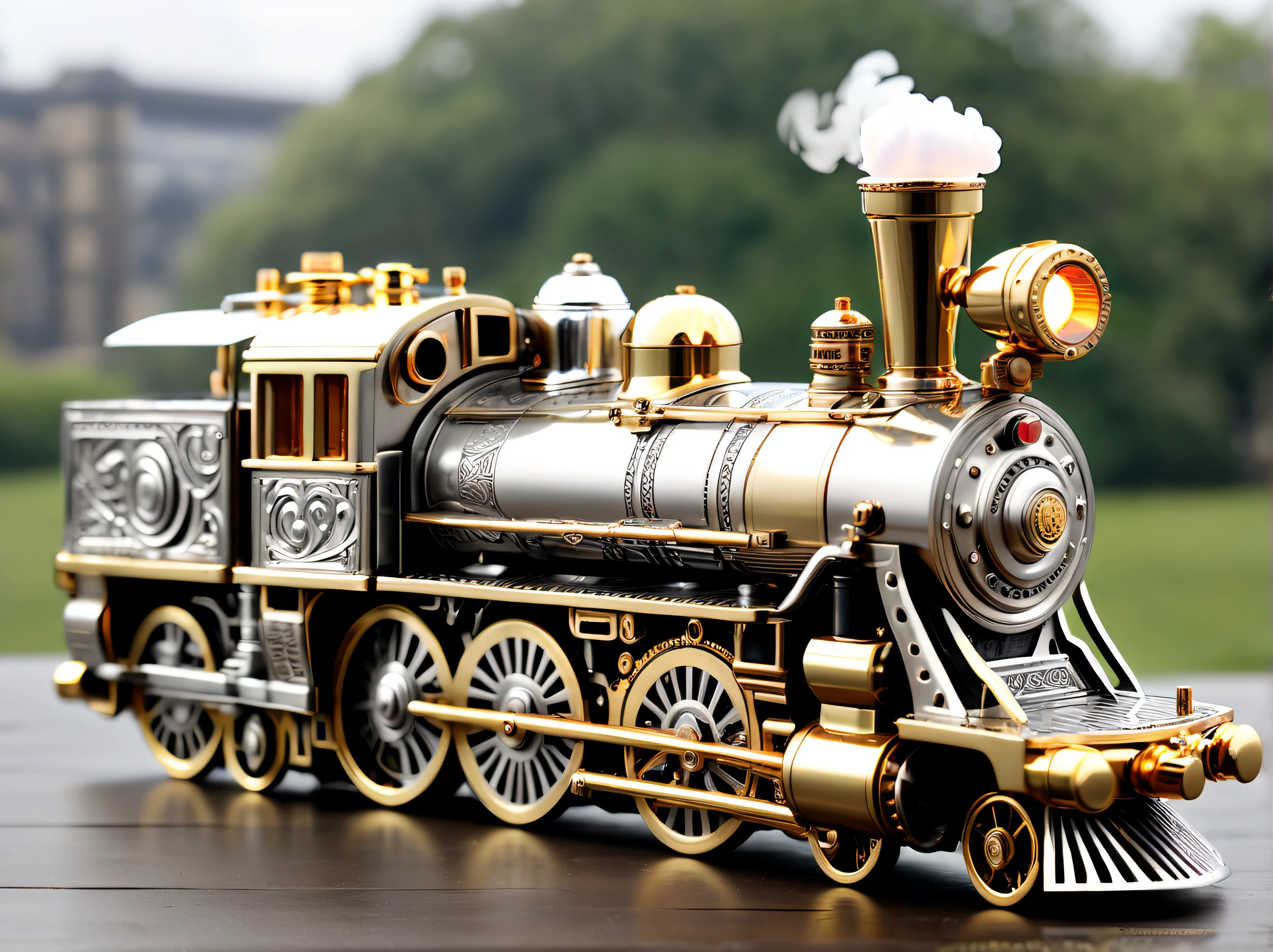 (8K, 16k, Award-winning, Best quality at best, Highest high resolution, super detailing, high detal, Anatomically correct, tmasterpiece, Breathtakingly beautiful), Product design，luxury accessories，locomotive lighter，The lighter is shaped like a steam locomotive，golden colored，Steampunk style exquisite craftsmanship , Legend locomotive lighter, Rare and precious, Complicated details, Locomotive lighters are made of a metal called ice, There are gems, (Ancient writings are engraved on the inside of the locomotive lighter: 1.2), Impeccably clean, platinum, The white, Gold and silver, Locomotive lighter on the table