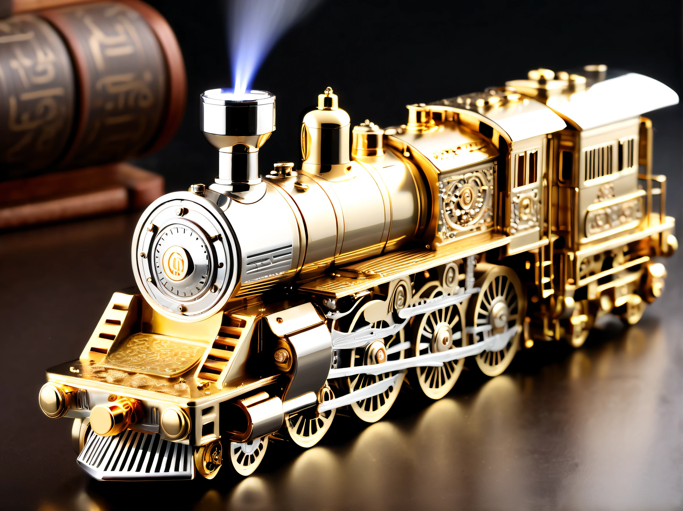 (8K, 16k, Award-winning, Best quality at best, Highest high resolution, super detailing, high detal, Anatomically correct, tmasterpiece, Breathtakingly beautiful), Product design,luxury accessories,locomotive lighter,The lighter is shaped like a steam locomotive,golden colored,Steampunk style exquisite craftsmanship , Legend locomotive lighter, Rare and precious, Complicated details, Locomotive lighters are made of a metal called ice, There are gems, (Ancient writings are engraved on the inside of the locomotive lighter: 1.2), Impeccably clean, platinum, The white, Gold and silver, Locomotive lighter on the table