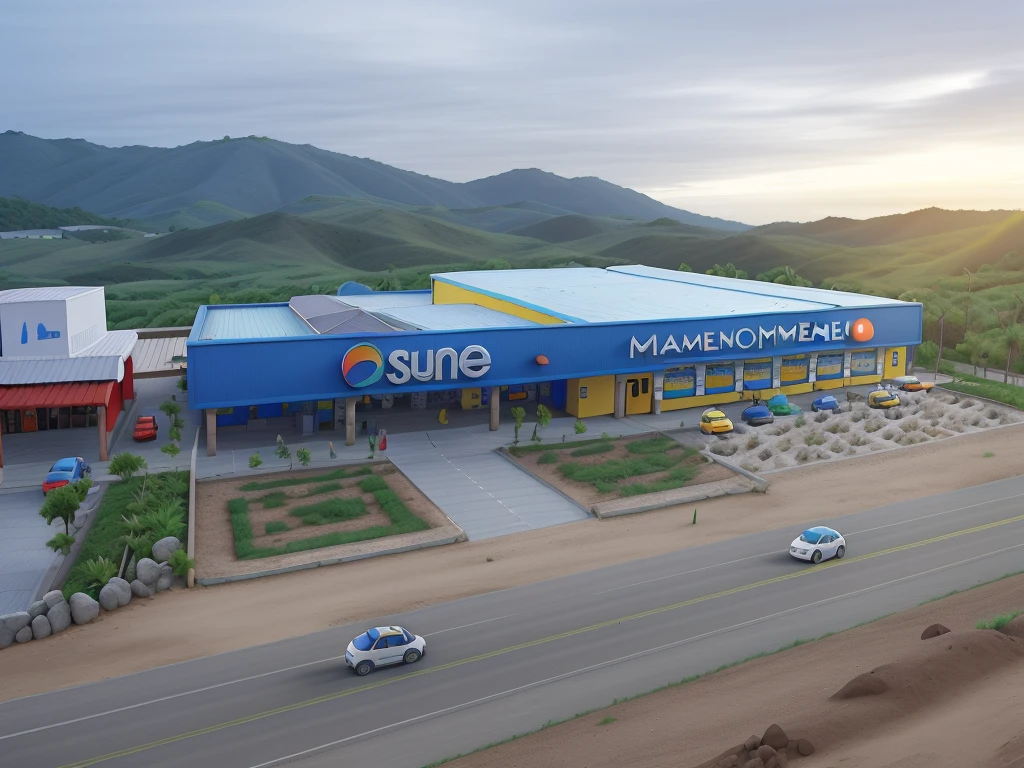 Paisagem com fachada de um mercado com cores principais azul e amarelo. Nome: on the left is the company logo, name on the right is wholesale and retail in upper case.