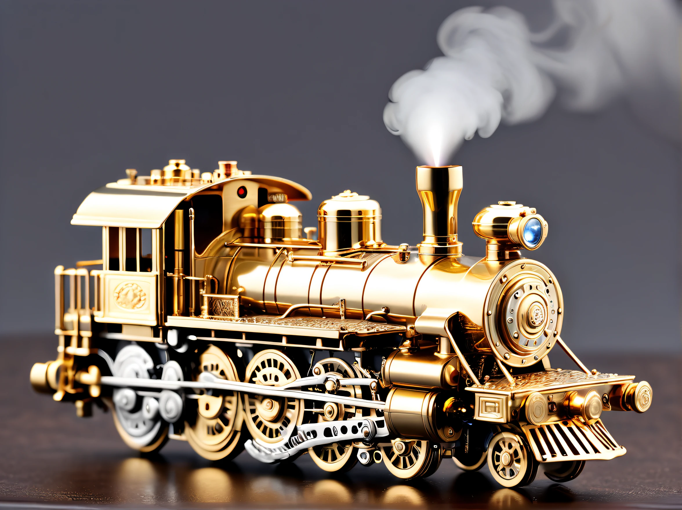 (8K, 16k, Award-winning, Best quality at best, Highest high resolution, super detailing, high detal, Anatomically correct, tmasterpiece, Breathtakingly beautiful), Product design，luxury accessories，locomotive lighter，The lighter is shaped like a steam locomotive，golden colored，Steampunk style exquisite craftsmanship , Legend locomotive lighter, Rare and precious, Complicated details, Smart clock is made of a metal called ice, There are gems, (Ancient writings are engraved on the inside of the locomotive lighter: 1.2), Impeccably clean, platinum, The white, Gold and silver, Locomotive lighter on the table