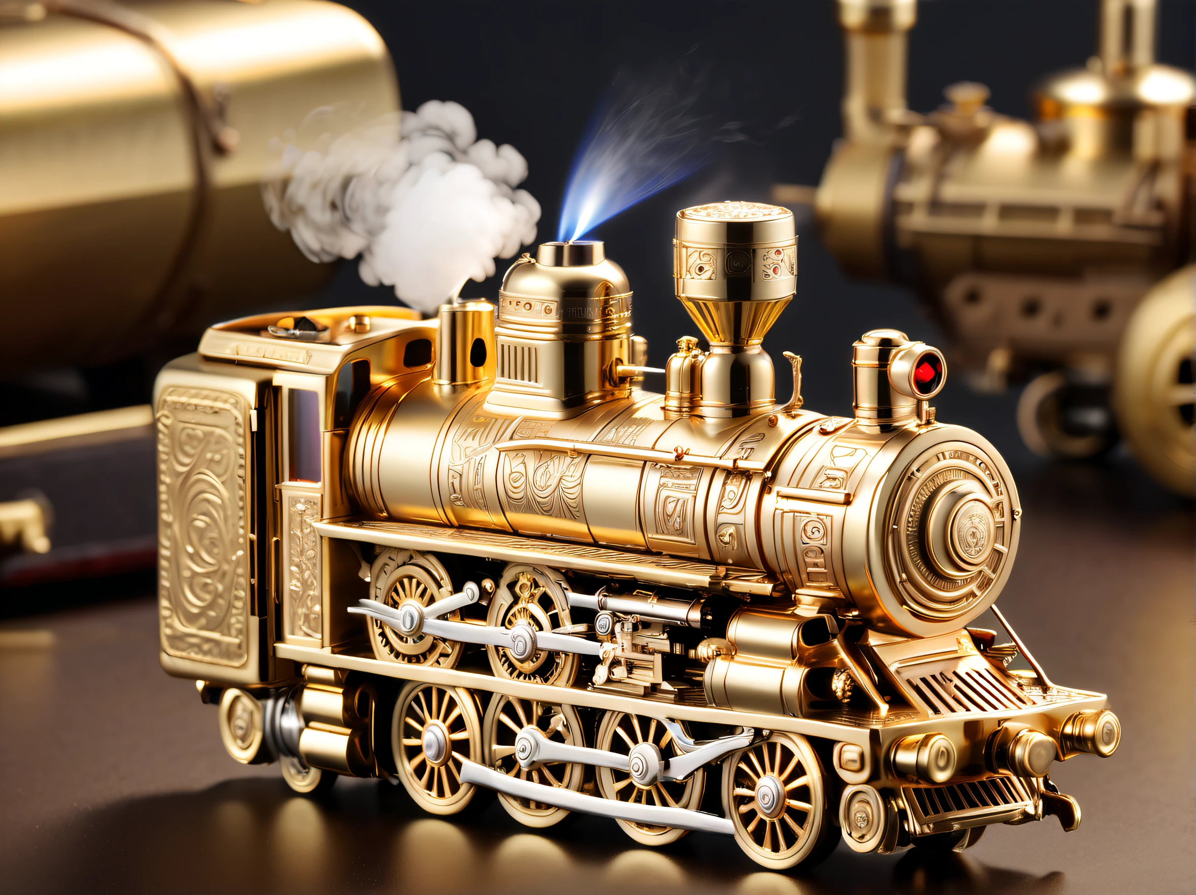 (8K, 16k, Award-winning, Best quality at best, Highest high resolution, super detailing, high detal, Anatomically correct, tmasterpiece, Breathtakingly beautiful), Product design，luxury accessories，locomotive lighter，The lighter is shaped like a steam locomotive，golden colored，Steampunk style exquisite craftsmanship , Legend locomotive lighter, Rare and precious, Complicated details, Locomotive lighters are made of a metal called ice, There are gems, (Ancient writings are engraved on the inside of the locomotive lighter: 1.2), Impeccably clean, platinum, The white, Gold and silver, Locomotive lighter on the table