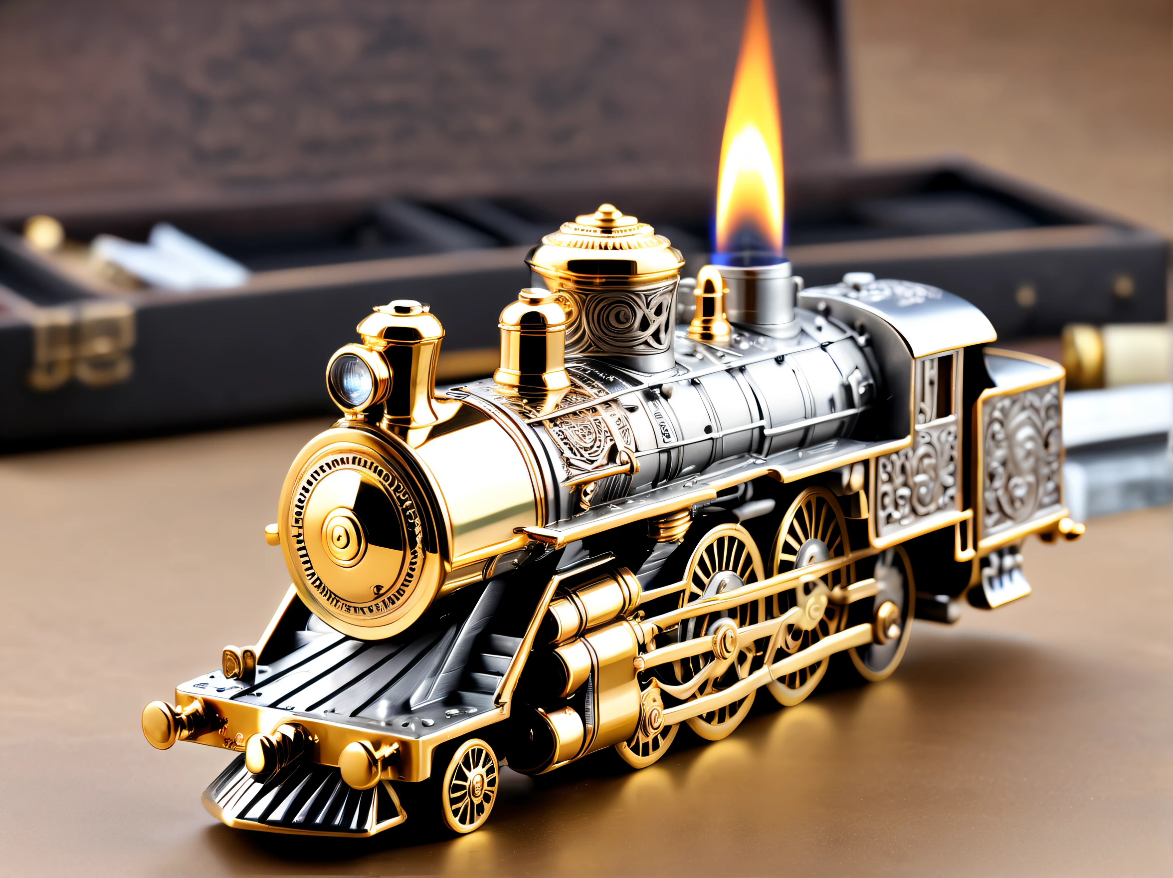 (8K, 16k, Award-winning, Best quality at best, Highest high resolution, super detailing, high detal, Anatomically correct, tmasterpiece, Breathtakingly beautiful), Product design，luxury accessories，locomotive lighter，The lighter is shaped like a steam locomotive，golden colored，Steampunk style exquisite craftsmanship , Legend locomotive lighter, Rare and precious, Complicated details, Smart clock is made of a metal called ice, There are gems, (Ancient writings are engraved on the inside of the locomotive lighter: 1.2), Impeccably clean, platinum, The white, Gold and silver, Locomotive lighter on the table