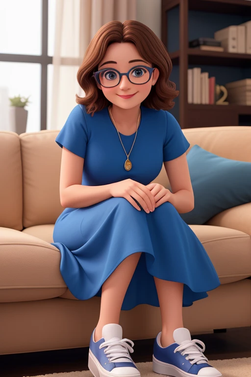 Uma mulher de 30 anos, sitting on a sofa wearing a blue dress and black sneakers with short brown hair, Rosto redondo, rosto redondo com sorriso encantador, e olhos castanhos, wearing glasses.