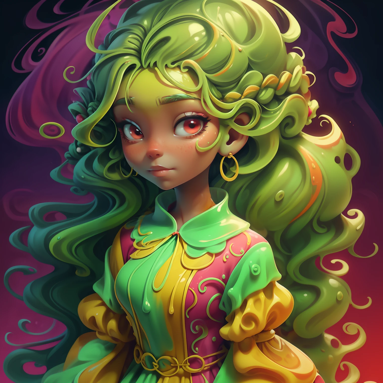 Slime girl, (slime), Slime hair Crown braid hair style, Psychedelic red, crazy style dress, Masterpiece, Best Quality