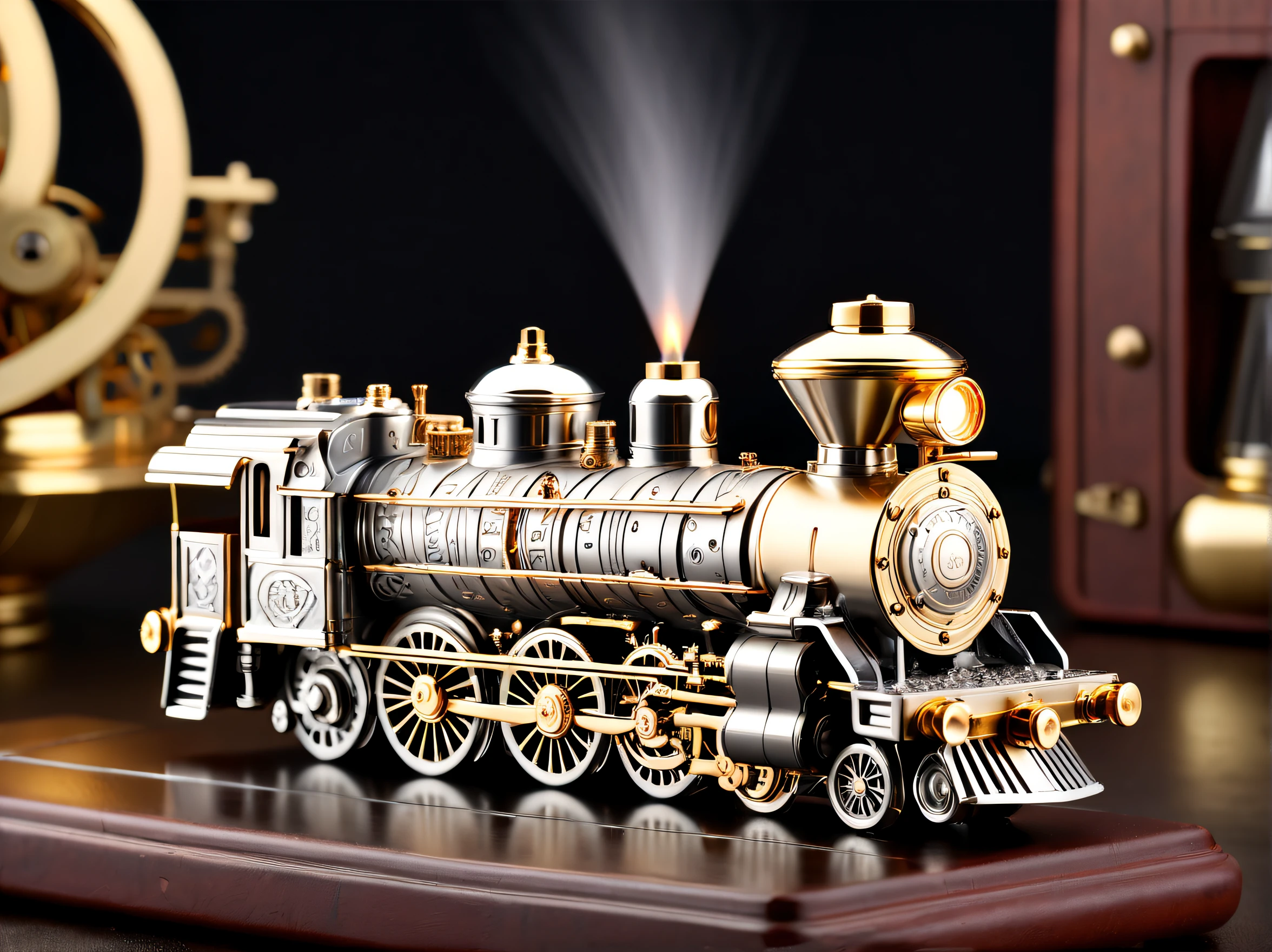 (8K, 16k, Award-winning, Best quality at best, Highest high resolution, super detailing, high detal, Anatomically correct, tmasterpiece, Breathtakingly beautiful), Product design,luxury accessories,locomotive lighter,The lighter is shaped like a steam locomotive,golden colored,Steampunk style exquisite craftsmanship , Legend locomotive lighter, Rare and precious, Complicated details, Smart clock is made of a metal called ice, There are gems, (Ancient writings are engraved on the inside of the locomotive lighter: 1.2), Impeccably clean, platinum, The white, Gold and silver, Locomotive lighter on the table