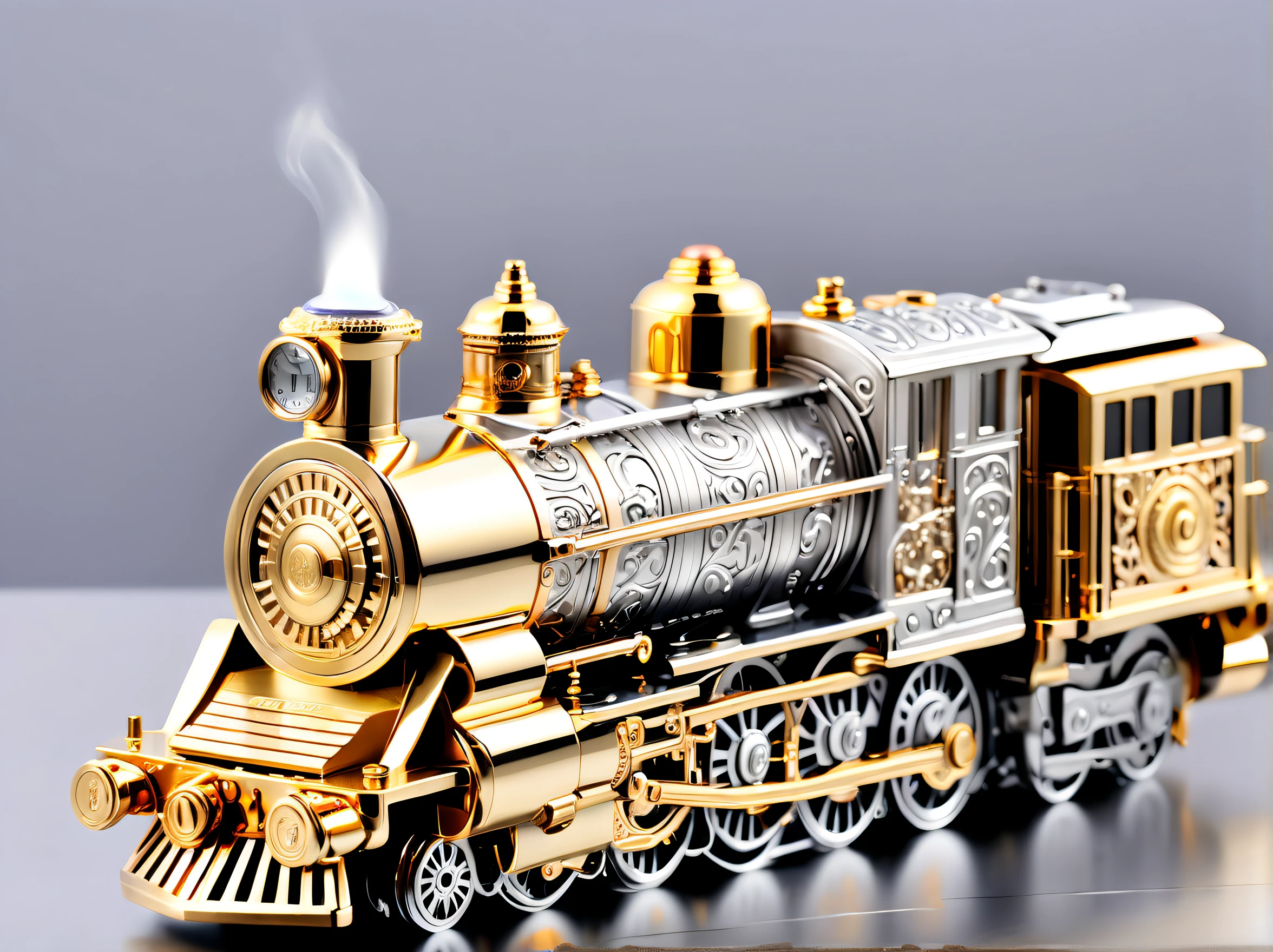 (8K, 16k, Award-winning, Best quality at best, Highest high resolution, super detailing, high detal, Anatomically correct, tmasterpiece, Breathtakingly beautiful), Product design，luxury accessories，locomotive lighter，The lighter is shaped like a steam locomotive，golden colored，Steampunk style exquisite craftsmanship , Legend locomotive lighter, Rare and precious, Complicated details, Smart clock is made of a metal called ice, There are gems, (Ancient writings are engraved on the inside of the locomotive lighter: 1.2), Impeccably clean, platinum, The white, Gold and silver, Locomotive lighter on the table