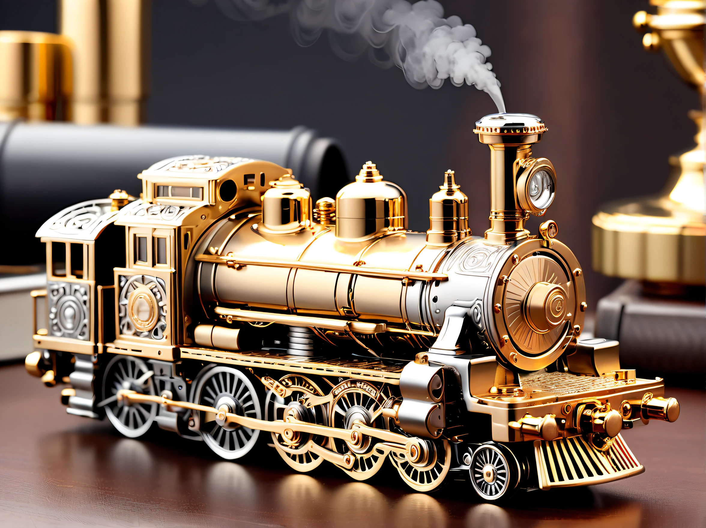 (8K, 16k, Award-winning, Best quality at best, Highest high resolution, super detailing, high detal, Anatomically correct, tmasterpiece, Breathtakingly beautiful), Product design,luxury accessories,locomotive lighter,The lighter is shaped like a steam locomotive,golden colored,Steampunk style exquisite craftsmanship , Legend locomotive lighter, Rare and precious, Complicated details, Smart clock is made of a metal called ice, There are gems, (Ancient writings are engraved on the inside of the locomotive lighter: 1.2), Impeccably clean, platinum, The white, Gold and silver, Locomotive lighter on the table