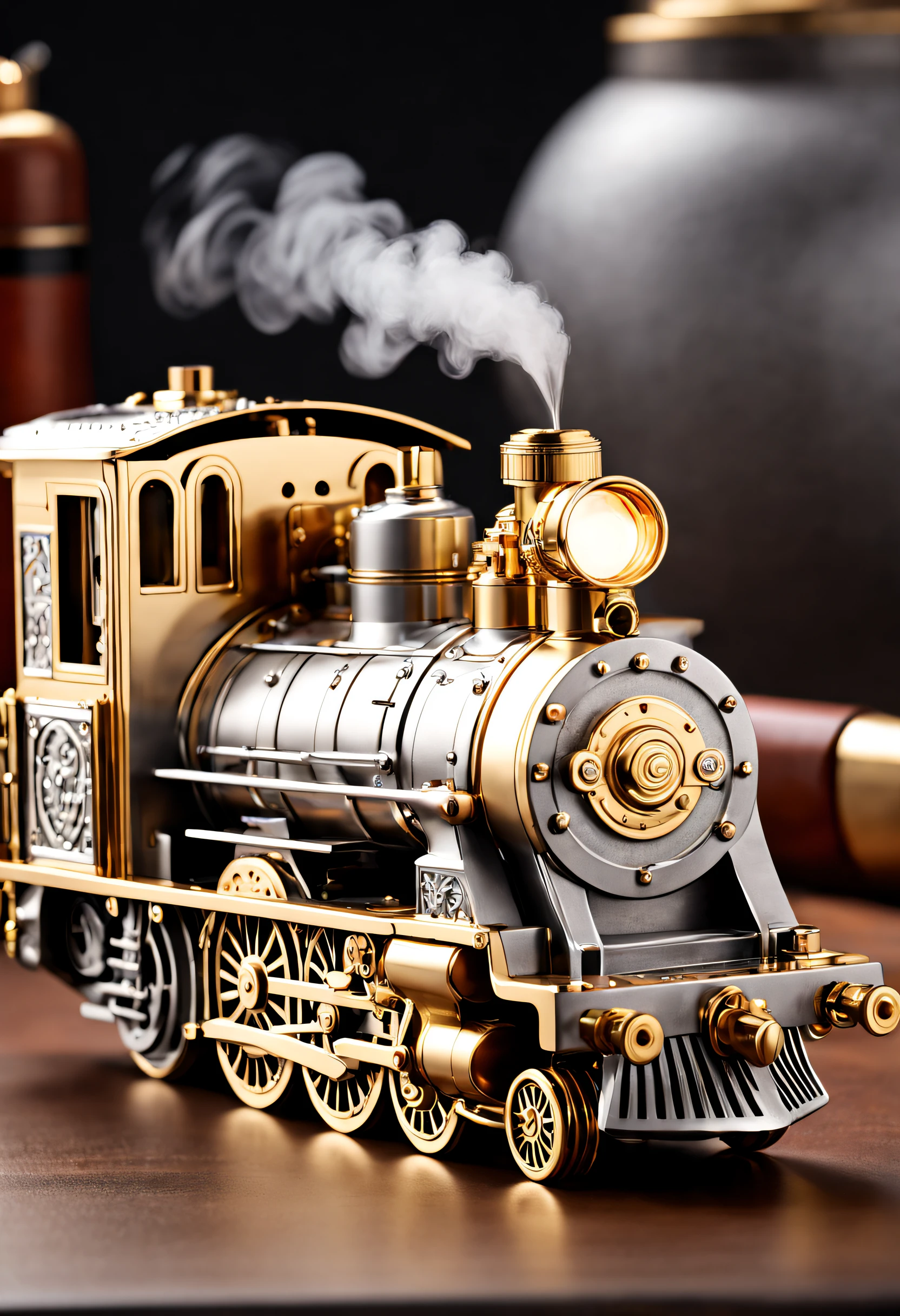 (8K, 16k, Award-winning, Best quality at best, Highest high resolution, super detailing, high detal, Anatomically correct, tmasterpiece, Breathtakingly beautiful), Product design,luxury accessories,locomotive lighter,The lighter is shaped like a steam locomotive,golden colored,Steampunk style exquisite craftsmanship , Legend locomotive lighter, Rare and precious, Complicated details, Smart clock is made of a metal called ice, There are gems, (Ancient writings are engraved on the inside of the locomotive lighter: 1.2), Impeccably clean, platinum, The white, Gold and silver, Locomotive lighter on the table