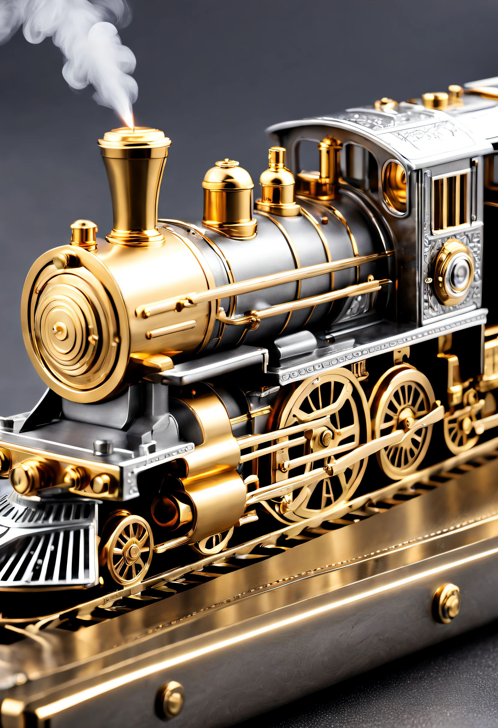 (8K, 16k, Award-winning, Best quality at best, Highest high resolution, super detailing, high detal, Anatomically correct, tmasterpiece, Breathtakingly beautiful), Product design,luxury accessories,locomotive lighter,The lighter is shaped like a steam locomotive,golden colored,Steampunk style exquisite craftsmanship , Legend locomotive lighter, Rare and precious, Complicated details, Smart clock is made of a metal called ice, There are gems, (Ancient writings are engraved on the inside of the locomotive lighter: 1.2), Impeccably clean, platinum, The white, Gold and silver, Locomotive lighter on the table