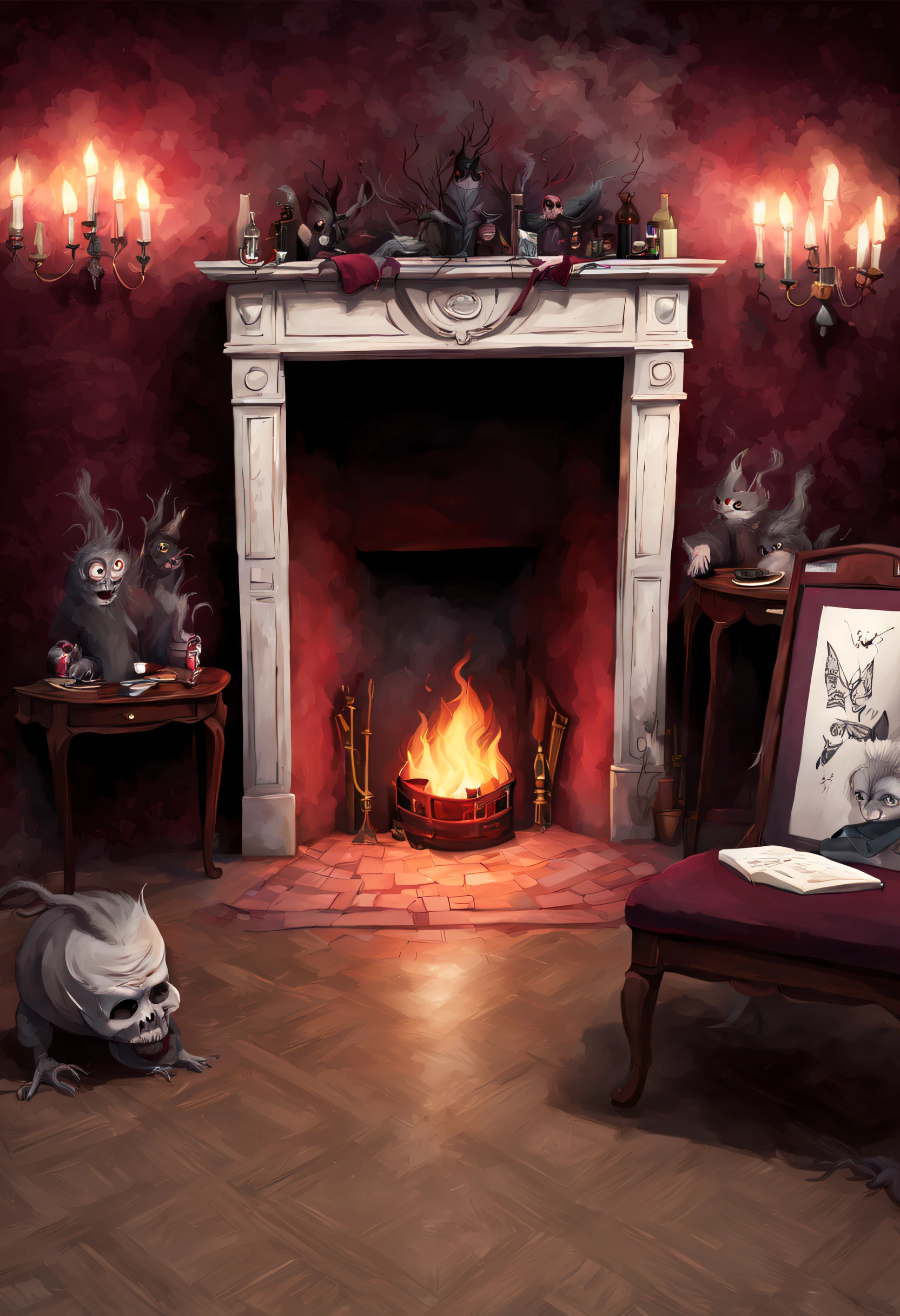 mansion background: burgundy walls, creepy, new year, decorations on the walls, fireplace, sock over the fireplace, covered with cobwebs, creepy portraits., v3rd, flatee,