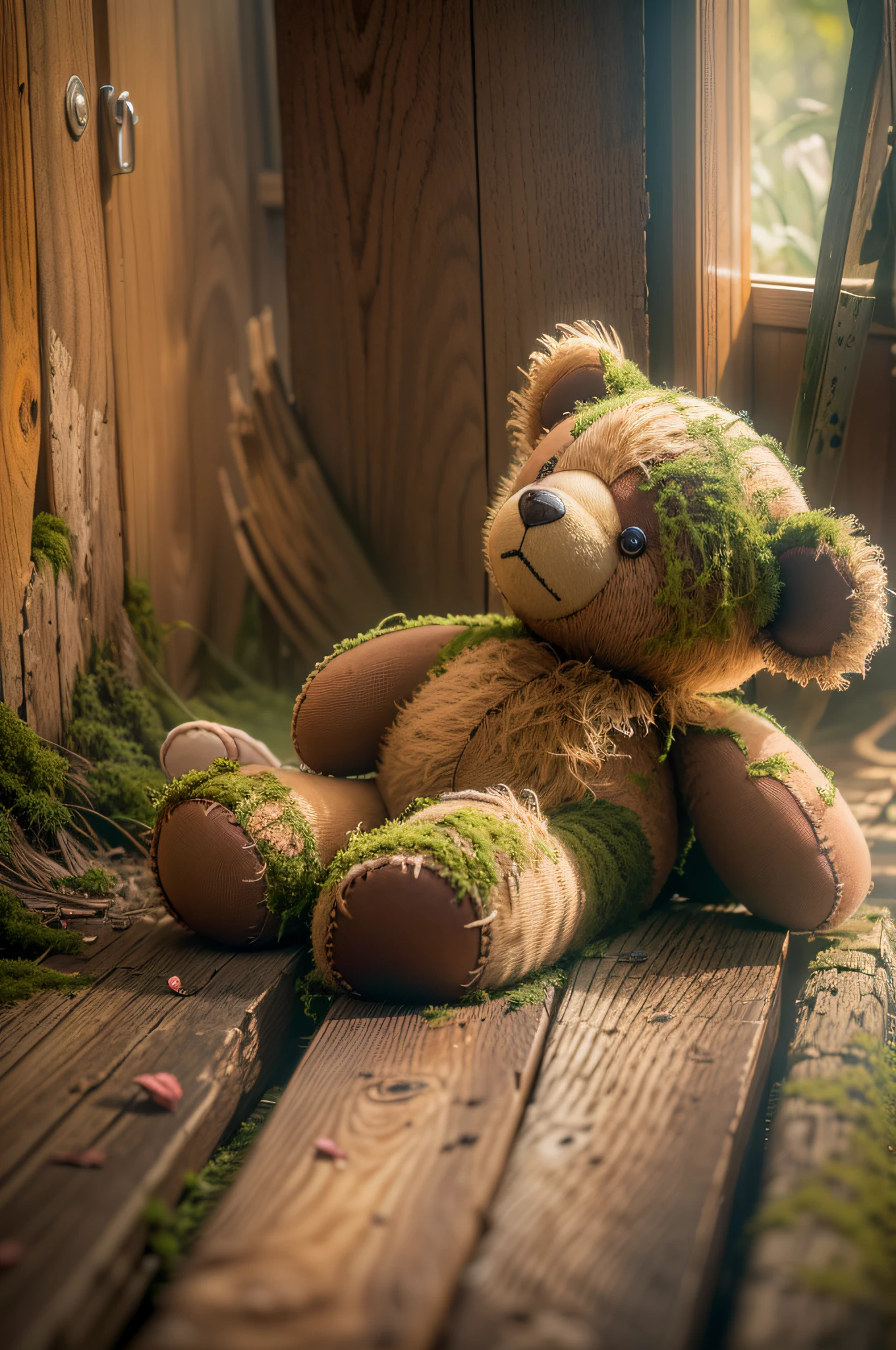 (an old, dusty, moss-covered abandoned teddy bear lying on a wooden floor),(plush, vintage, worn-out),(memories, childhood, nostalgia),(best quality, highres),(vivid colors, warm tones),(soft, gentle lighting)