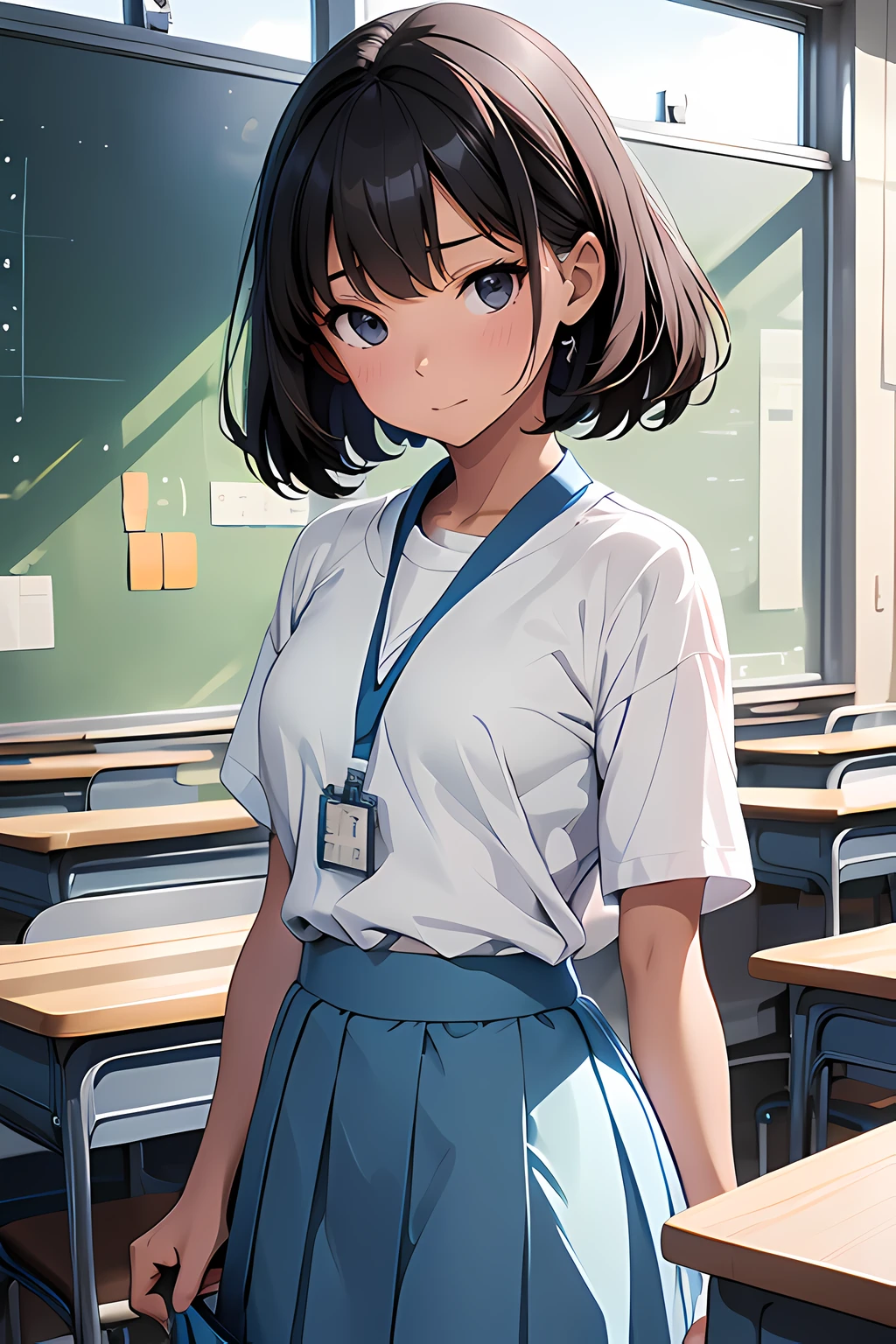 naughty woman, age 12, black eyes, wearing uniform, light blue skirt, long skirt, wearing t-shirt, white t-shirt, wearing lanyard, id holder, classroom, school, anime, anime movie