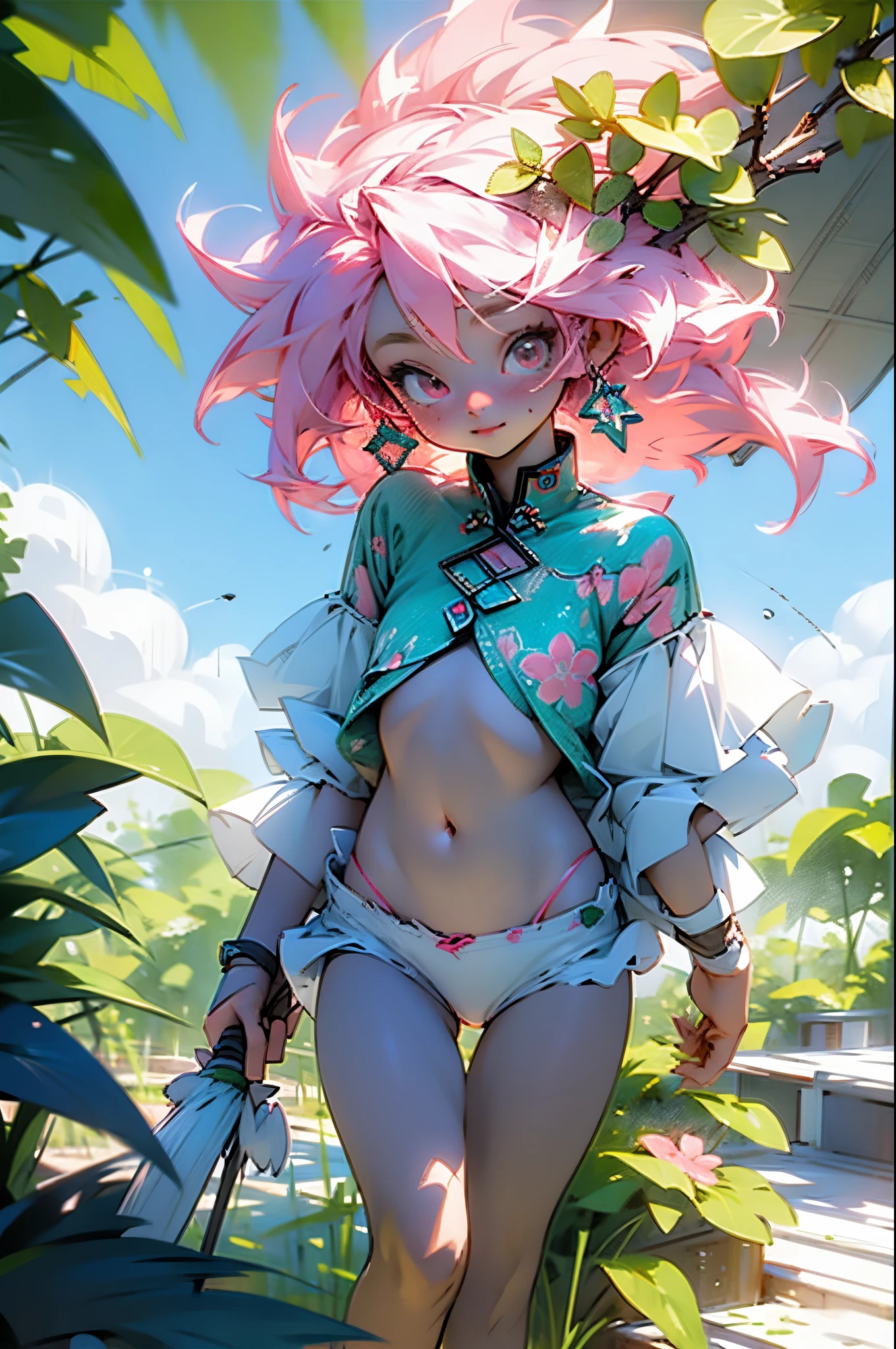 (close up), panties, from above, nsfw, , micro, cloudium, clouds, cloud seeds, cloudium seeds, cloud bush, simple, cute, smily face, white circle happy, silly, adorable, farm, candy, sugar, cotton candy, pink hair, pink eyes, navel, thighs, panties, holding cotton candy, blasting cotton candy, explosion,ocean, water, stick, leaves, flowers, walking stick, magical staff, green color, green accent, flora, floral patterns, vines,trees