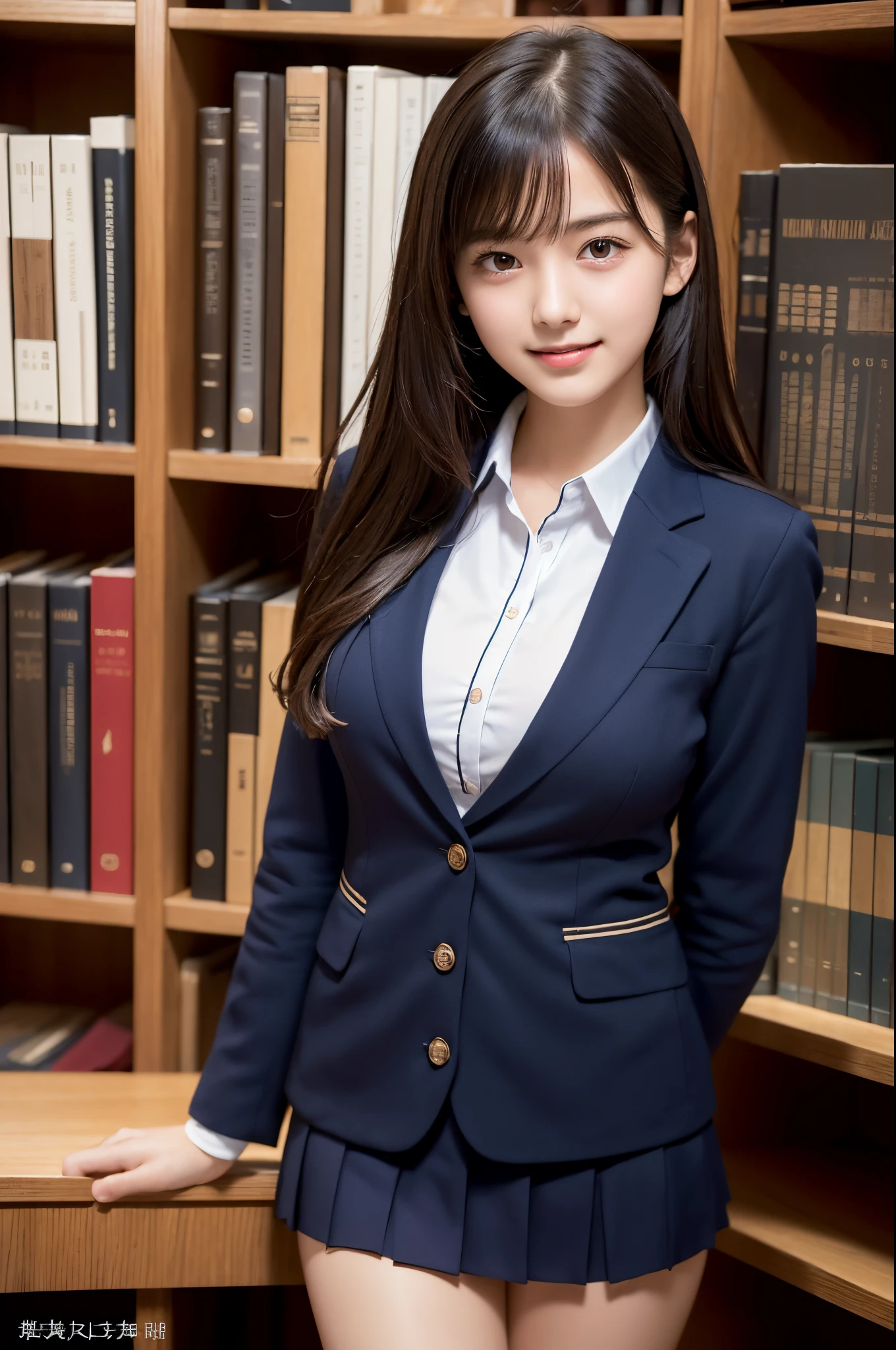 top-quality, masterpiece, 8K, 超A high resolution, (Photorealsitic:1.4), 1girl in、beautiful countenance、symmetrical eye、Colossal tits、Perfect body proportion、Schoolgirl Uniform、Look at viewers、front-facing view、Shoulder、Absolute area(1.3)、A smile The background is a super high-class wooden library. Dark blue uniform Name tag on chest ((High-quality reproduction of every detail of the eye:1.3)) (( girl))