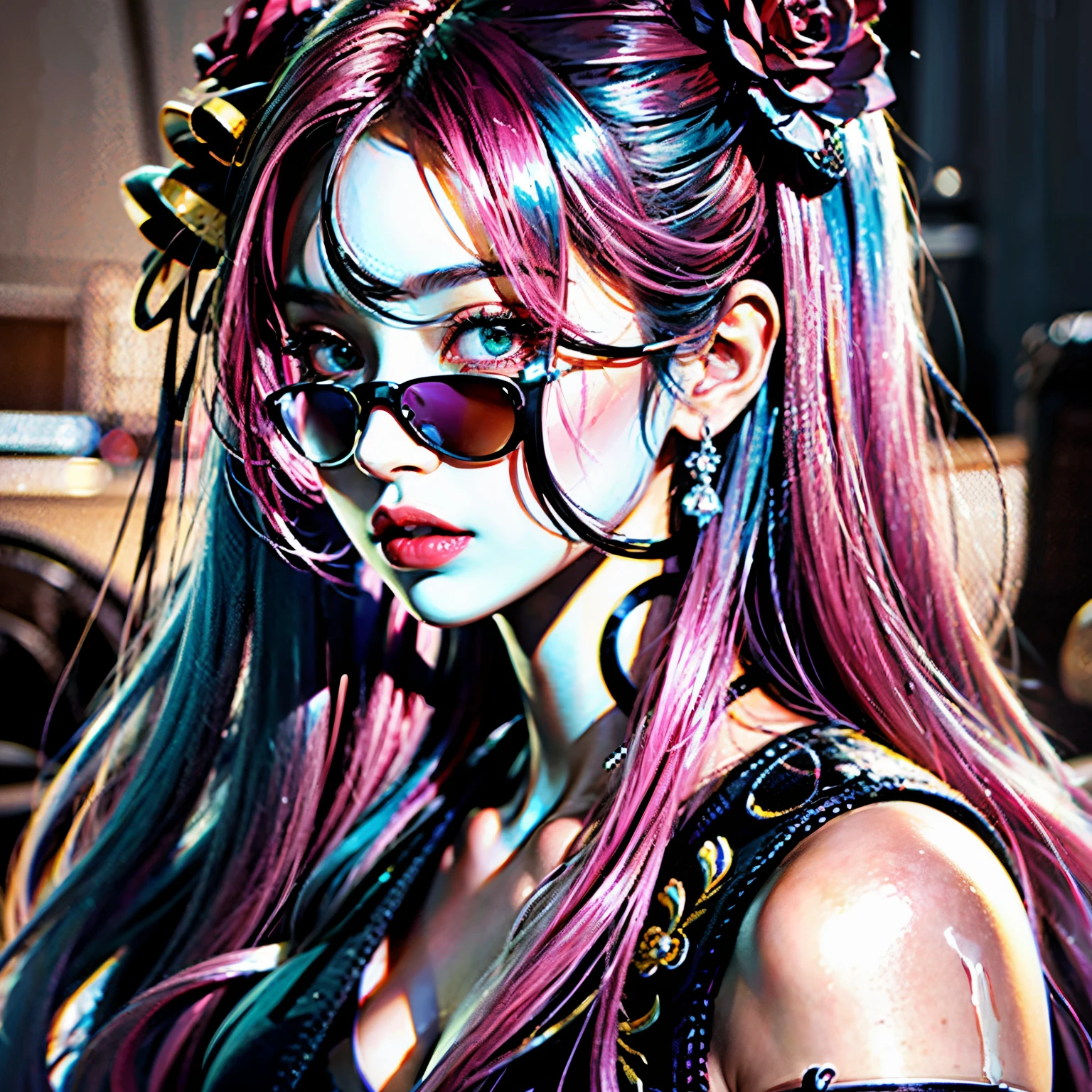 Close de uma mulher com cabelo loiro e colar, arte digital inspirada em Yanjun Cheng, Tumblr, RococoStyle, Retrato de Jossi de Blackpink, Retrato Jisoo Blackpink, flowing pink hair, long flowing pink hair, cabelo longo chiclete, com cabelo rosa, menina cor-de-rosa, tons de rosa, ((Rosa)), cabelo rosa longo, cabelo liso rosa, cabelo rosa encaracolado