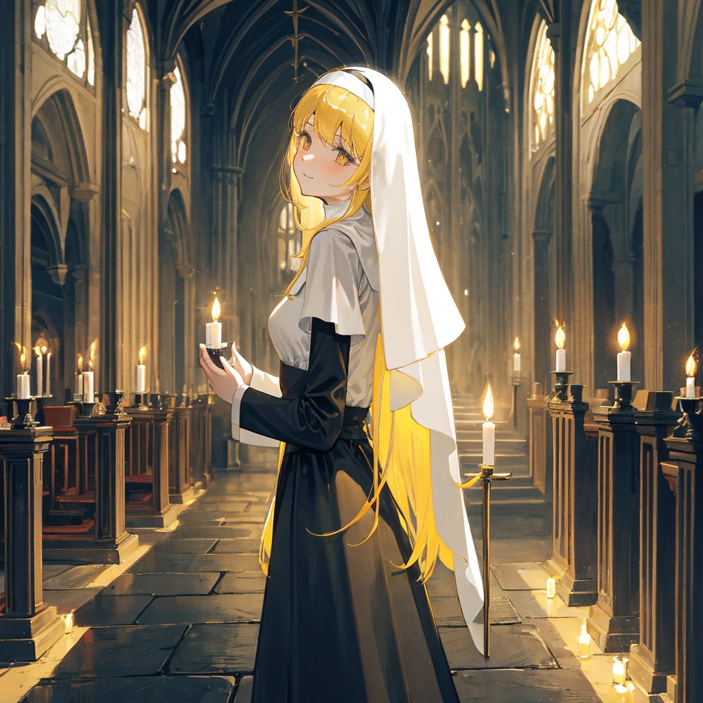 lewd nun，Dark church，gentleness，ssmile，out a hand，Light yellow hair，bleak environment，luz de velas，Redemption