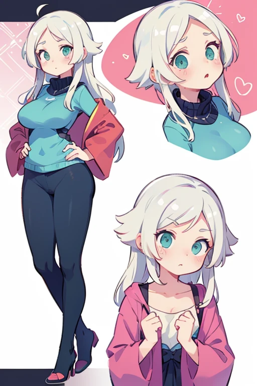 6 poses, tall female adult, half of her bangs flipped up, confused expression, Bruce Timm style, masterpiece, very long silver-hair, cute-eyes, small oval aqua gem on her forehead, very tall, large tits, BREAK perfect anatomy, perfect hands, white hair, adult proportions, 6 unique poses, character sheet, huge tits,