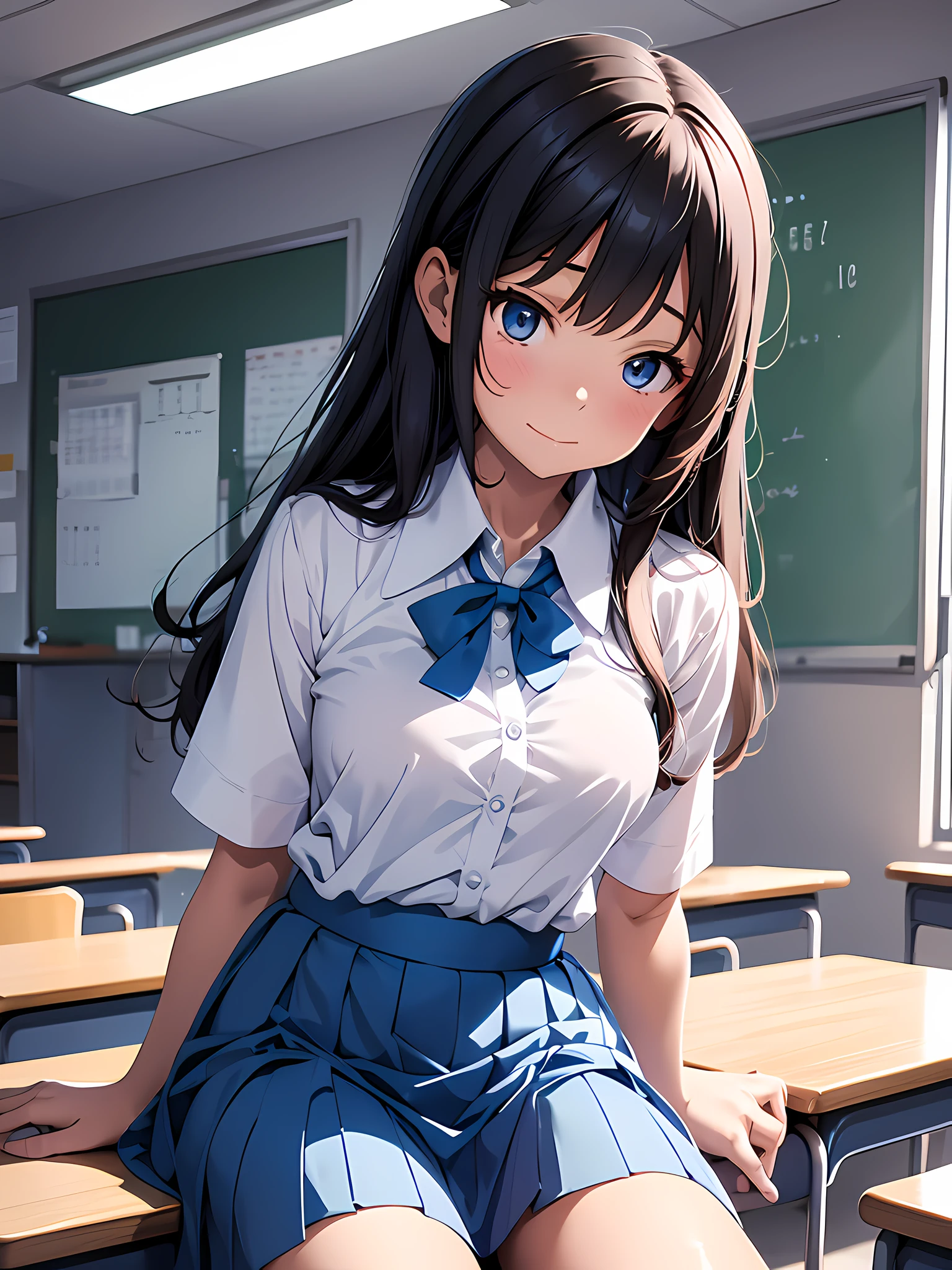 naughty woman, , wearing uniform, blue skirt, long skirt, wearing shirt, white shirt, close up, classroom, school, anime, anime movie