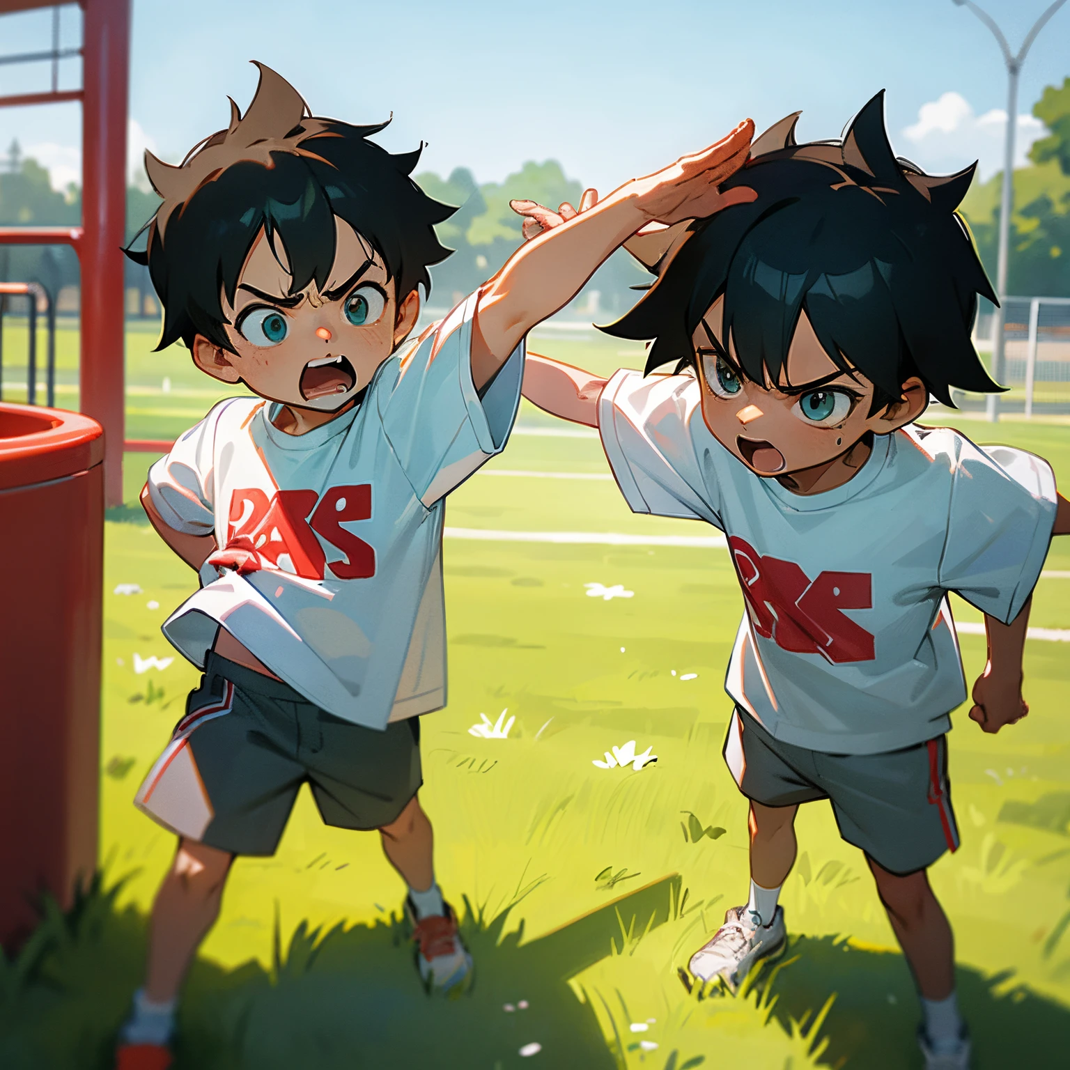 2 children, perfect detailed faces, 5 year old boys, , the 2 children are of the same height, angry faces, they had a fight, looking at viewer, white t shirt, shorts, standing in grass in playground, sunny day, dirty