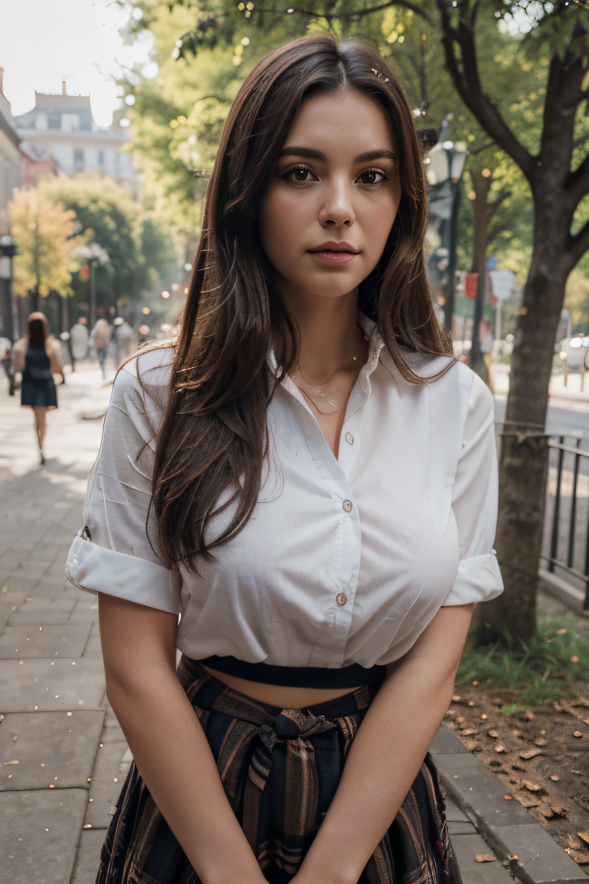 (Best quality, 8k, 32k, Masterpiece, UHD:1.2),Photo of Pretty brunette woman,black long hair,beauty face,park,checkered skirt,white shirt,realistic face,big breast