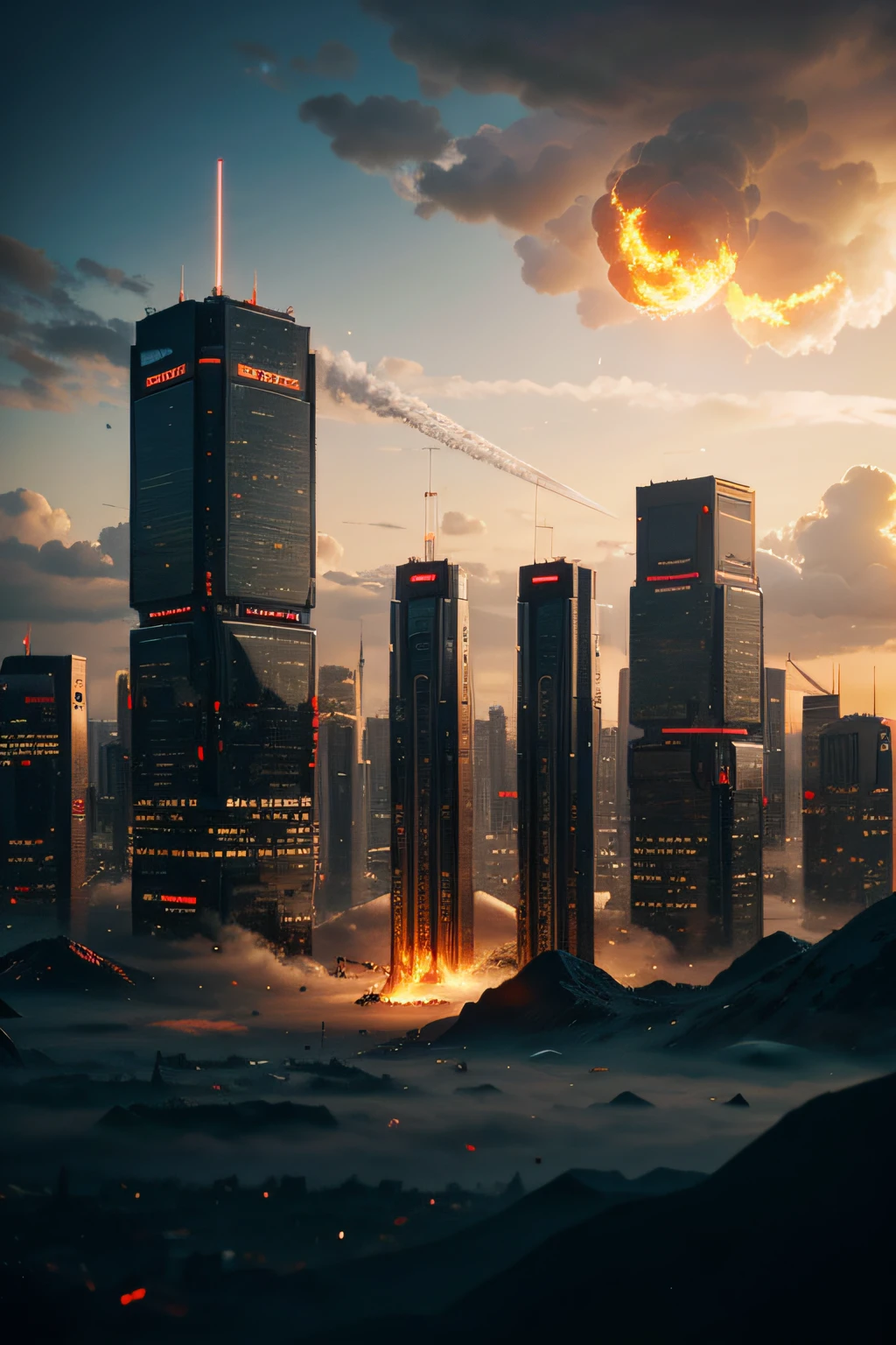 modern futuristic city, on fire