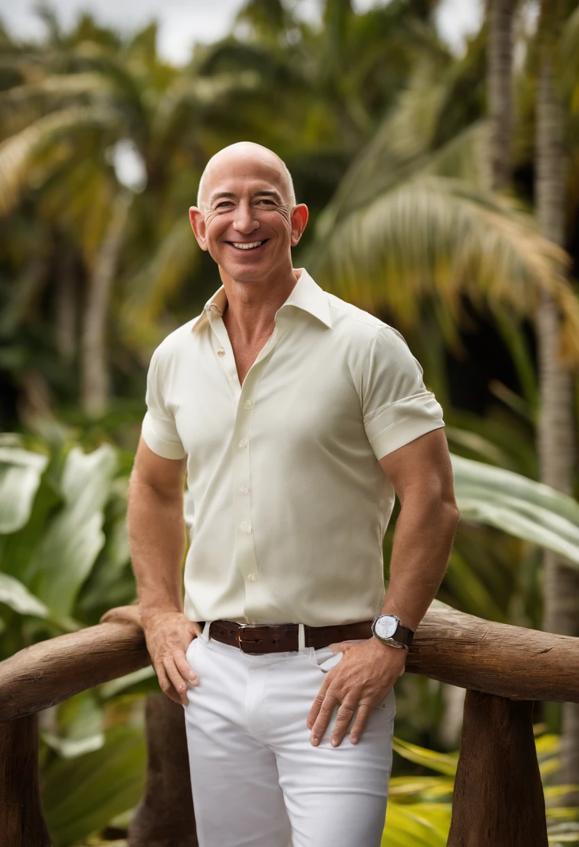 A photo of Bezos at a private island resort,original,Jeff Bezos, the founder of Amazon, is known for his bald head and often a warm, yet measured smile, presenting a recognizable and influential figure in the tech world. He usually appears in public wearing professional yet relatively understated attire, reflecting his practical approach to business and life. He’s gotten absolutely jacked after taking lots of testosterone and HGH.