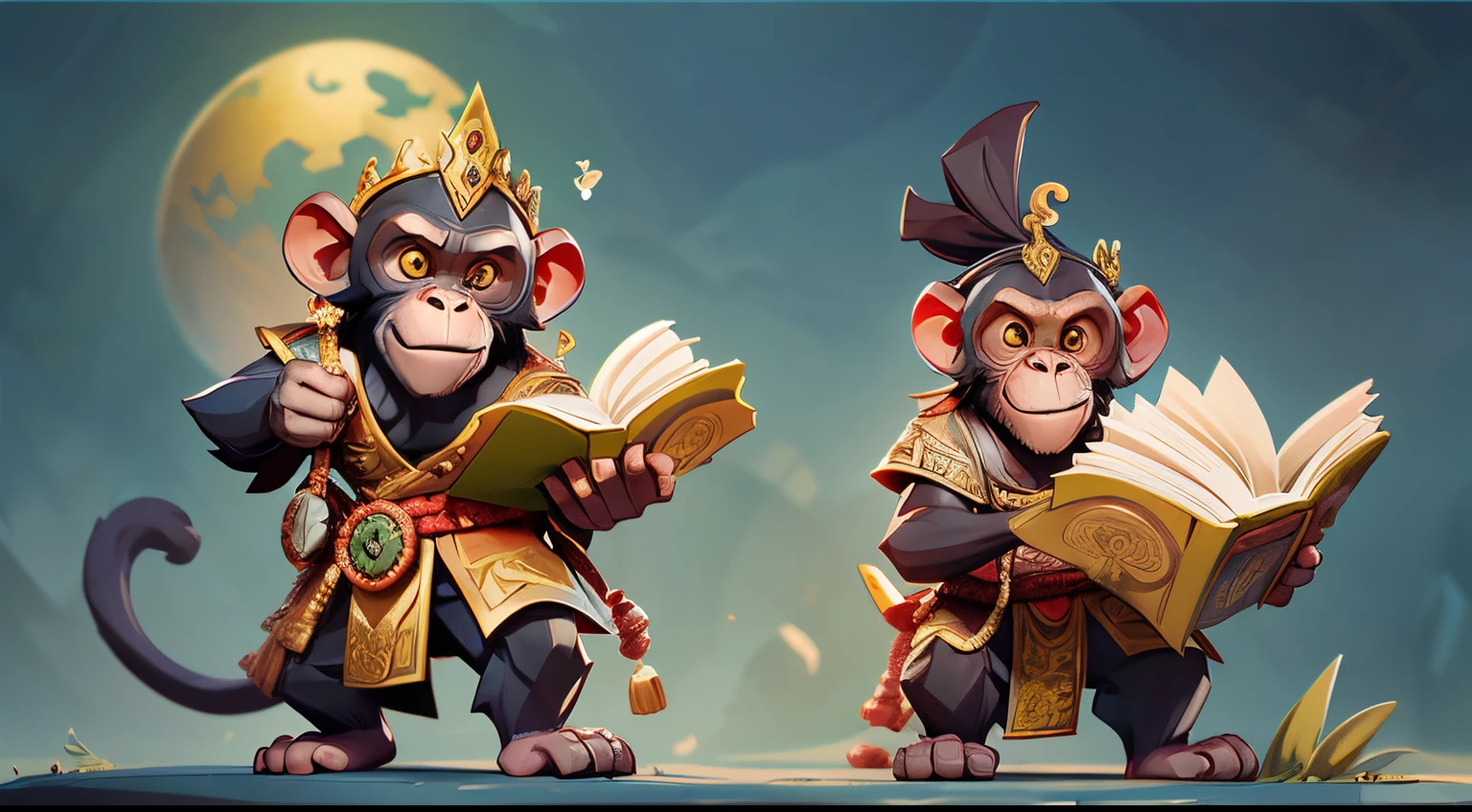 a chimpanzee called The Monkey King. is holding a book. imagem para a capa de um livro. no estilo dos simios do filme Planeta dos Macacos