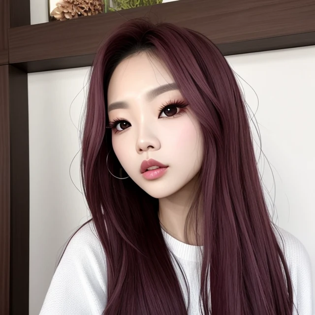 Jennie na frente de uma parede branca, vestindo um top branco piercing no septo, pele brilhante e lisa, sem acnes, espinhar e rugas. Small medium breasts pink lips long straight dark hair