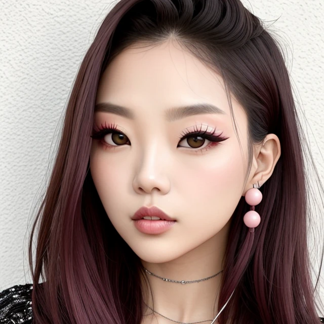 Jennie na frente de uma parede branca, vestindo um top branco piercing no septo, pele brilhante e lisa, sem acnes, espinhar e rugas. Small medium breasts pink lips long straight dark hair