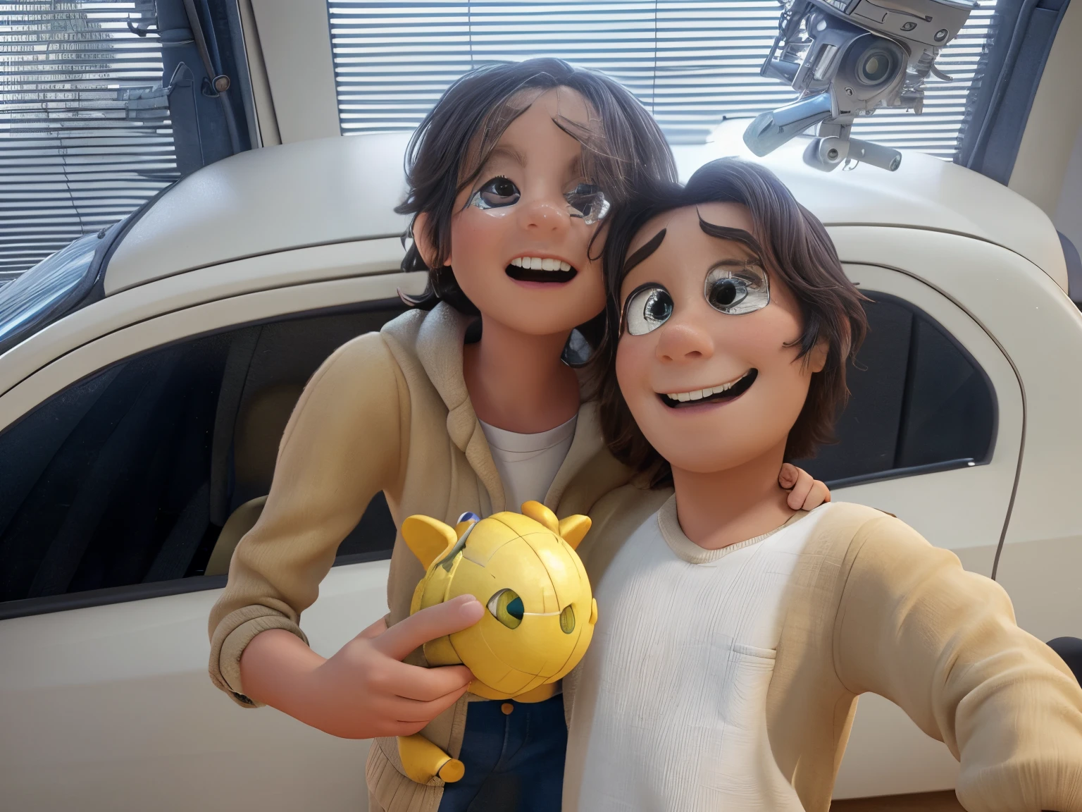 The scene should follow the Pixar-like art style, focusing on the expressions of the characters, cores vibrantes, Detailed textures and features of your animations.