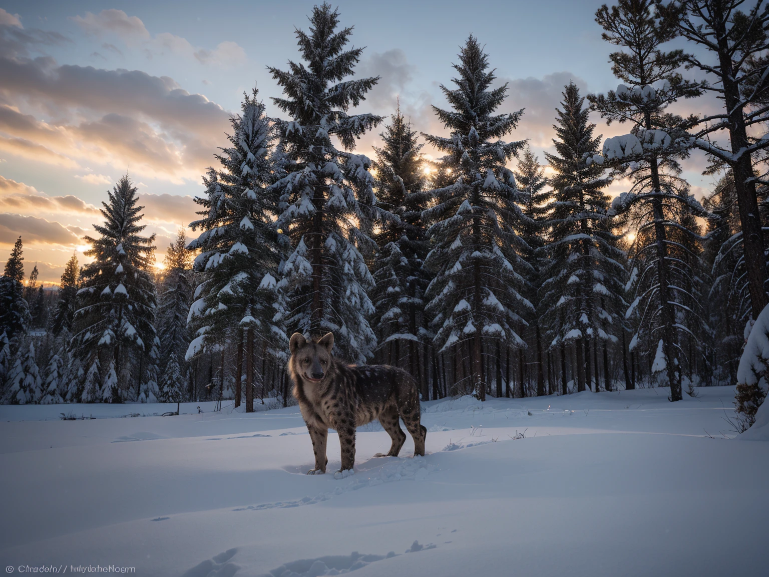 An ultra-realistic depiction of a muscular and fluffy 'snow-hyena' in a deep winter snow setting at late sunset. The hyena has a distinct grey-white base fur color with black-brown spots. Its tail is prominently raised high up, signaling a state of high alertness and awareness. The hyena's muscular build and fluffier fur are more pronounced, fitting its adaptation to the rugged winter environment. The scene is set in a Swedish forest clearing, with the snow extremely deep, surrounding the lower branches of snow-covered pine trees. The late sunset casts a dramatic orange and red hue over the snowy landscape, enhancing the intense and captivating atmosphere. The hyena's fierce expression and posture are meticulously detailed, standing out in the serene winter setting.