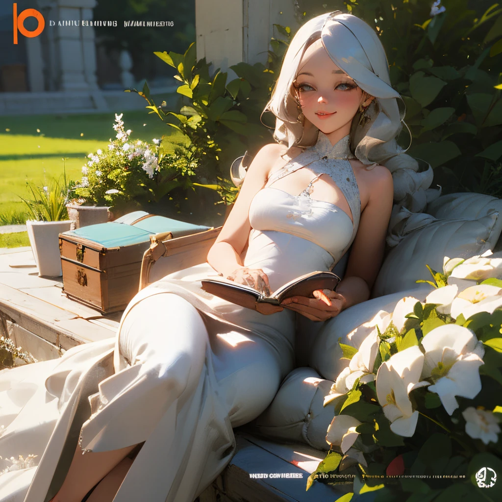 A Cute cartoon style of a sexy woman with a smile , reading book and lay down in the middle of the garden and wearing a white floral dress " hair, fashion, text 3D rendering, product, cinematic, fashion, anime, 3d render, poster, photo, painting, illustration, typography