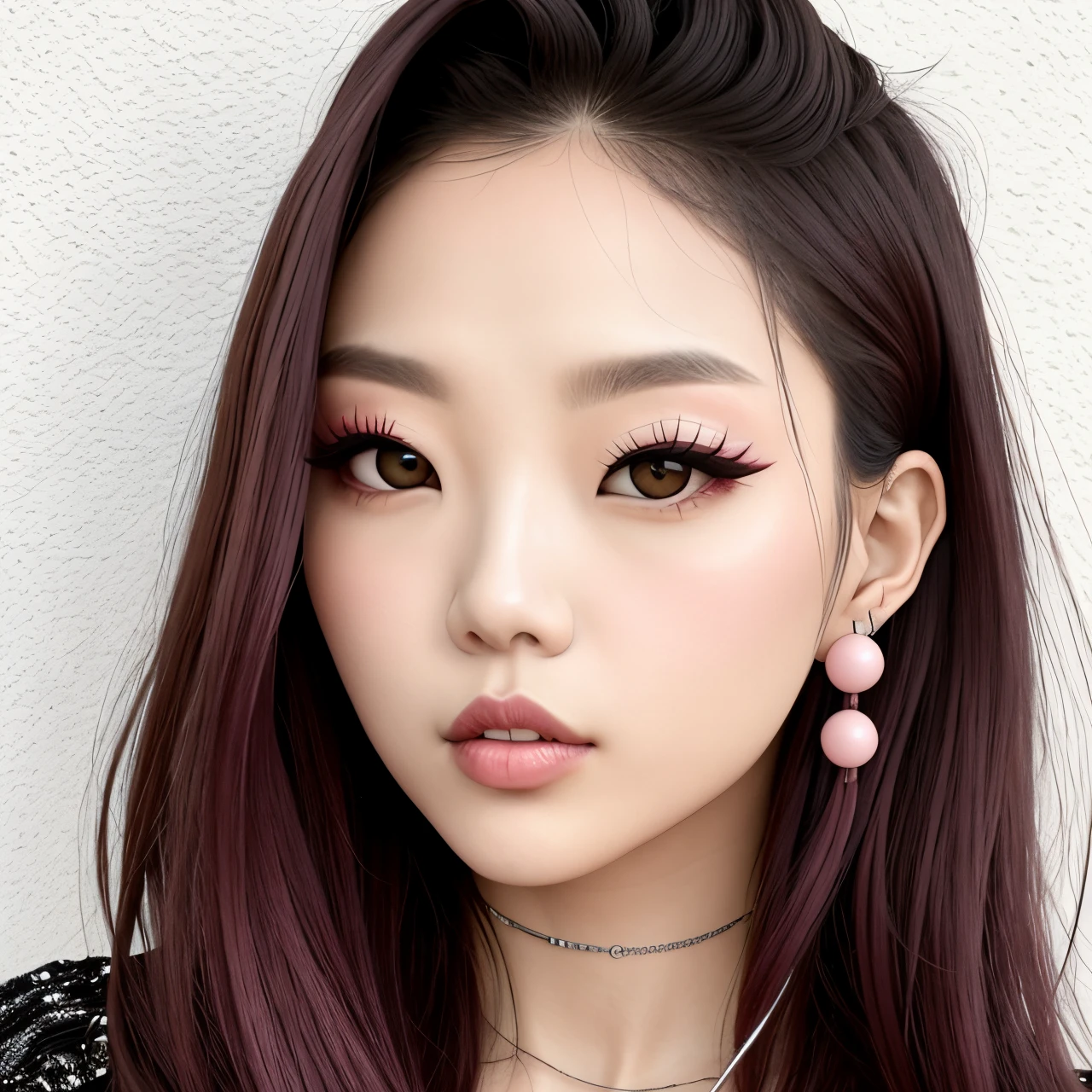 make a banner of a woman with: glowing skin, lips, sacimaer detailed skin, Beautiful face and detailed pink eyes, Spotlight, professional lighting, 1 girl, Alone, long hair, wearing a cute outfit, natural pose, lips, indoor, realistic, I want the whole image be created, face and body of blackpink's Jennie kim with red hair and in four places with different poses doing random things on a background of some rosy place It can be a completely pink background like a wall a clean background without shadows or objects