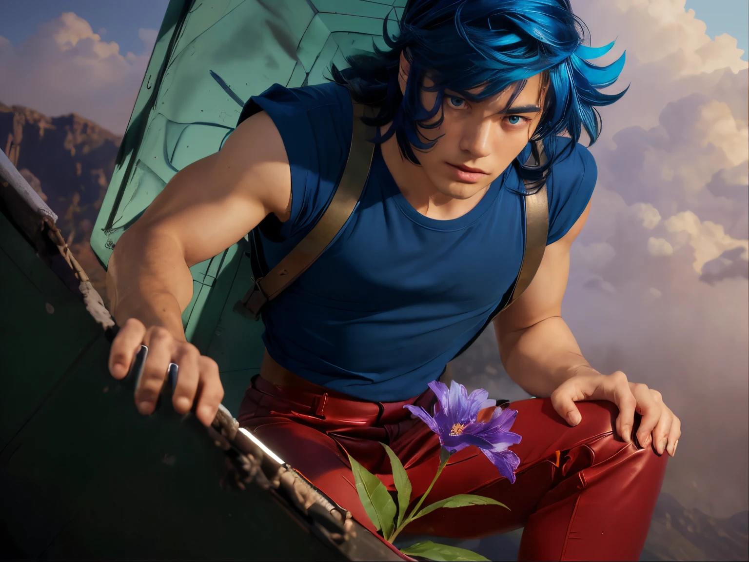 (masterpiece), (realistic), close up, (male) of 20 years old, asian (1boy), solo, slightly low view, looking to the flower, looking down, on one knee, ((handsome man), ((strong face)), ((serious face)), ((pretty big blue eyes)), ((perfect blue eyes)), (closed lips), short messy blue hair, ((bangs)), hair blowing in the air, (((beardless))), masculine blue t-shirt, red pants, leather shoulder straps, (((metallic Chrome box on his back))), ((metallic silver box)), looking a ((purple flower in the soil)) (first plain), (stem and green leaves), looking the flower, mountains surrounded by mists background, cinematic lighting.