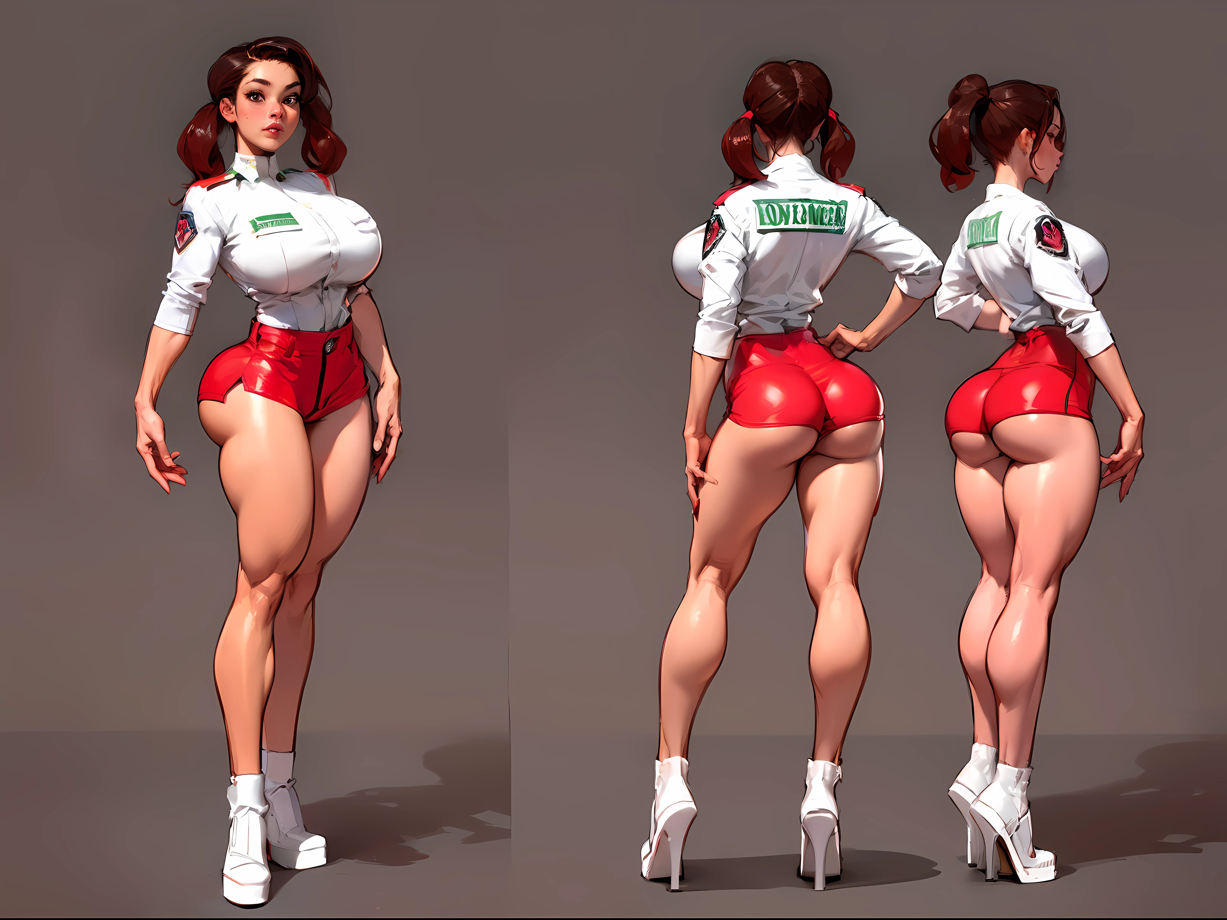 ((masterpiece)),(((best quality))),((character design sheet)), illustration,1woman, environment Scene change, (low twin Tails:1.4),((park ranger)), muscular, white legs, thick legs, (pale skin:1.3)scribbles and marks, (gigantic ass:1.4) blue cargo shorts, ((detailed face:1.1)), rough sketches, (puffy lips:1.4), pose too, ((red hair:1.3)), (park ranger outfit:1.5) , 8k,16k, (simple background, light background: 1.3)