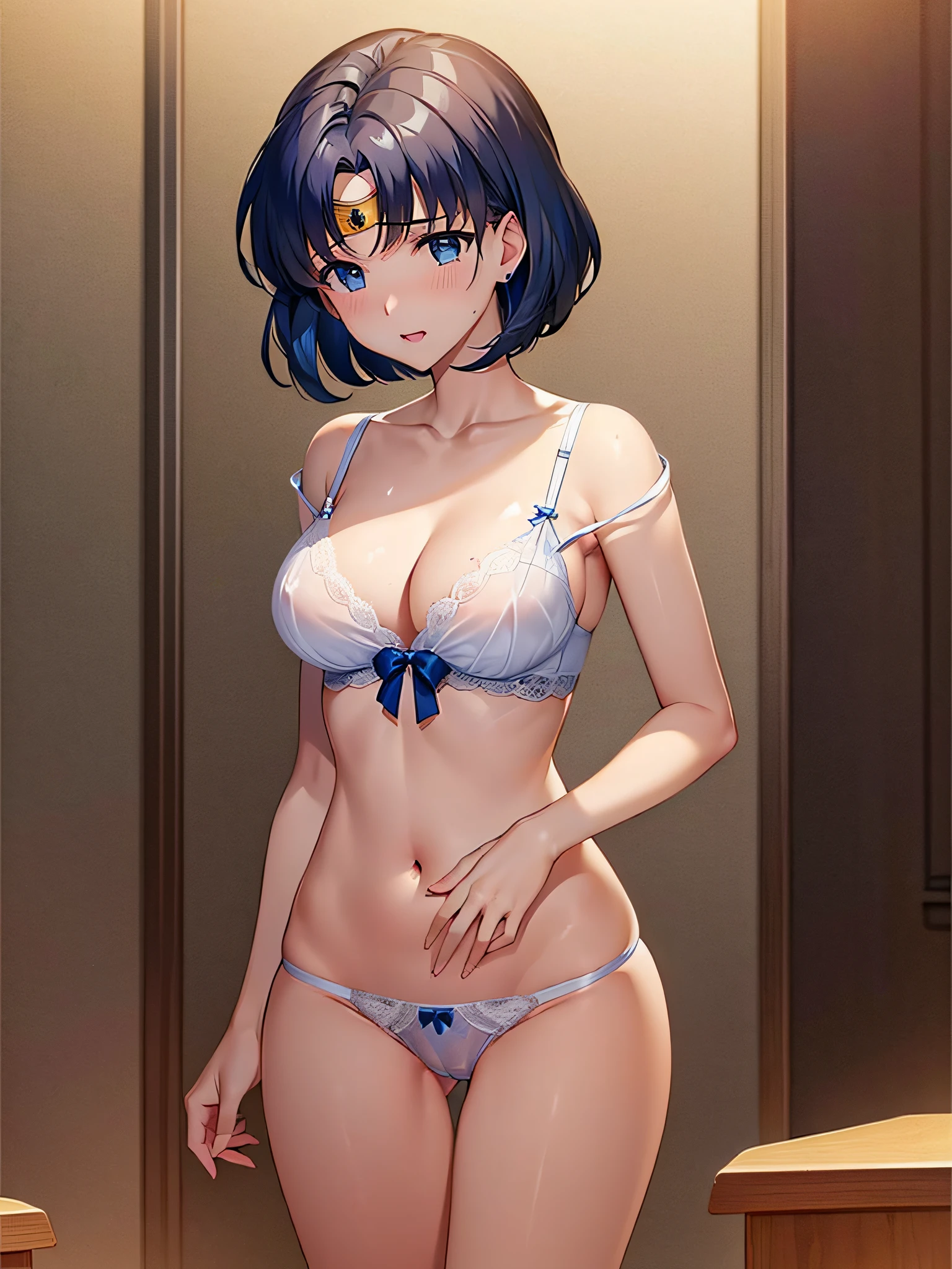 1girl in, embarassed face, Shiny skin, Best Quality, masutepiece, (Game CG:1.4), NSFW, Detailed beautiful face and eyes,爆乳、Small area see-through lingerie, Sailor Mercury, I could feel the battle, Serious, Cowboy Shot、large full breasts、Late Night Park、((Best Quality)), (Ultra-detailed), Highly detailed, High-definition raw color photos, Professional Photography, ((Beautiful big breasts)), Amazing face and eyes, (See-through panties:1.2)、、big butts、turned around、Cameltoe close up、frombelow