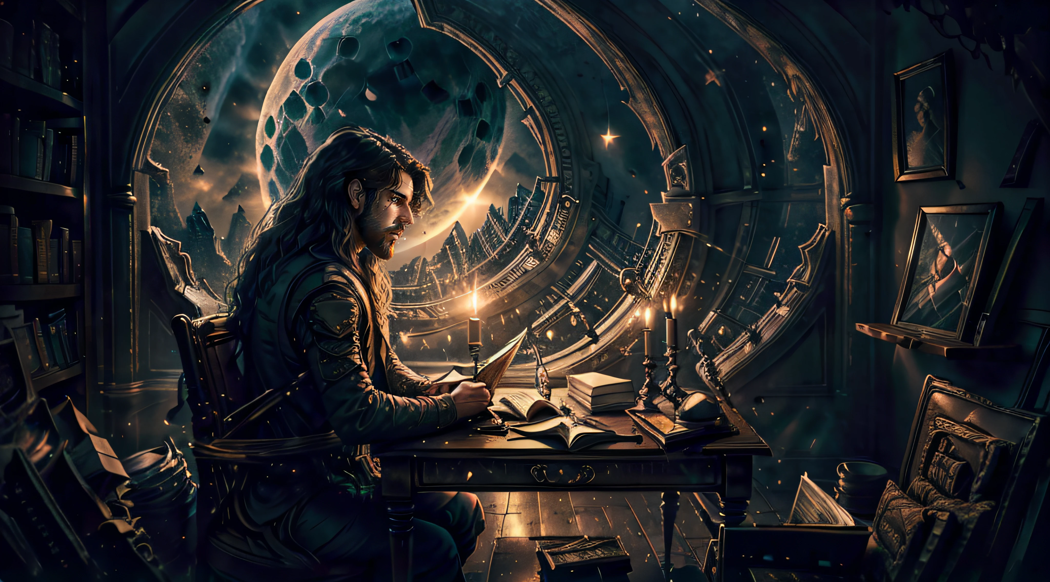 Man, shoulder length wavy brown hair, sitting at a desk facing away from the camera, reading a book. The room is sparse and dark, lit only by a candle. The wall the desk is on has a window through which the moon is full and bright.