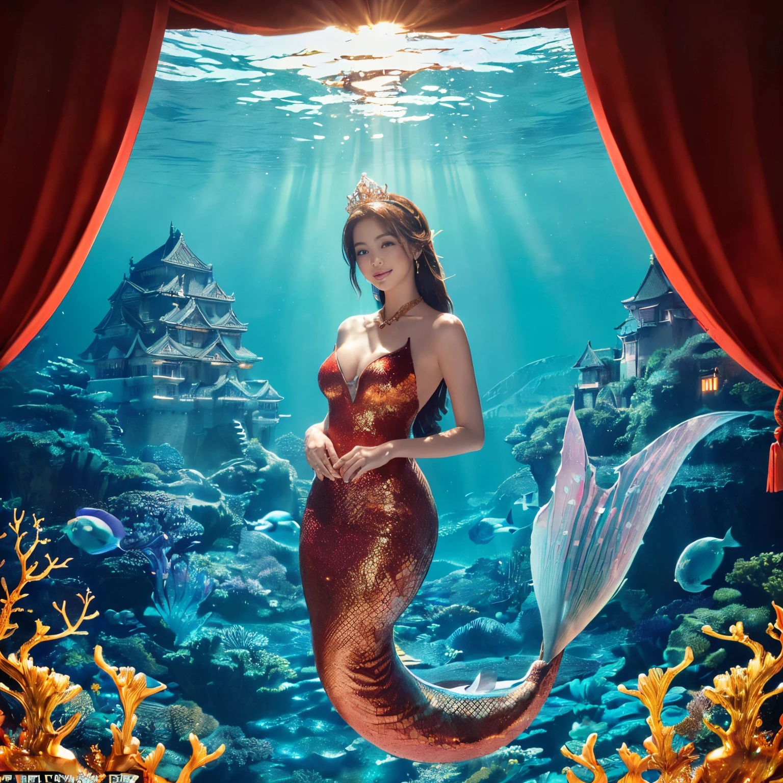 ((top-quality、masutepiece、8K、Top image quality、Highly complex and detailed depictions、super-fine、1 photo、The main character is a human、You can see the castle in the background.))、((Little Mermaid、Let'Let's take a photo from close to the princess、her face is detailed and clear、her close up photo、mermaid princess swimming in the sea、Please take a photo of the mermaid princess'The upper part of the body、huge top quality tiara、huge top quality necklace、The most complex and detailed scale、Mermaid scales、Mermaid tail、perfect and accurate mermaid princess、The background is a castle in the deep sea、she swims in the sea、There are many beautiful fish swimming around the castle.......、Lots of beautiful coral and fish、shining water surface、sunlight shines through the water surface)、((Japanese castle underwater in the background、Incredibly gorgeous underwater castle in the background、With a huge underwater castle in the background、With the most luxurious and huge underwater castle in the background、Beautiful Niwa lacquered giant castle、With the exterior of Niwa-nuri Castle in the background、luxury tile roof、Gold decoration of Niwa-nuri Castle、Luxurious Japanese castle with red and gold background、Castle glowing red in the background、Red lighting、The most glittering and complex castle、castle built at the bottom of the sea)))、(View me、Biggest smile、The happiest smile、Look at viewers、photo of her upper body、Perfectly depict detailed and complex underwater scenes、Detailed depictions of many beautiful sea creatures)