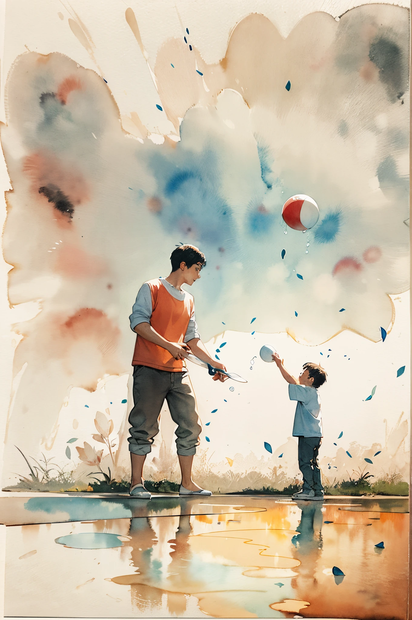 (Depth composition) Father and son playing catch. This is the last time I played with my father in my memory. It is a precious memory that I will never forget.(Ink on Japanese paper, which tends to bleed easily)(contemporary art like a picture book) (transparent watercolor) (light itself expressed as real) (layers of soft, rich colors) (shades of paint dissolved thinly with water) (deep, delicate colors)