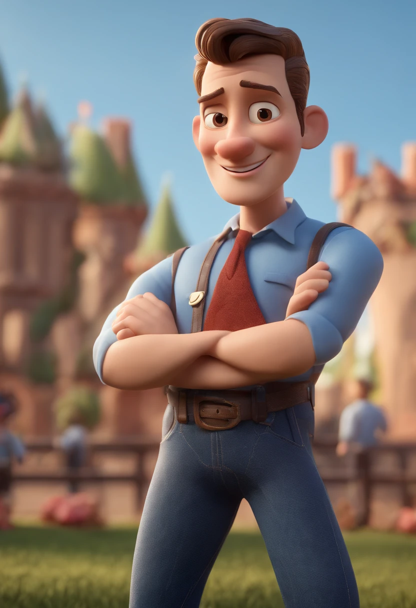 Cartoon character of a thin man in jeans and a blue shirt, um personagem animado, Caractere estilizado, animation style rendering, 3D estilizado, Arnold Maya render, 3 d render stylized, toon render keyshot, Personagem 3D, Personagem 3D, 3d rendering stylized, 3 d character render, personagem de desenho animado, Personagem de close up, Pose de personagem, (Estilo Pixar) (master part:1.2) (Bokeh) (best quality) (pele detalhada) (textura detalhada) (8k) (argila) (Cinematic lighting) (foco nítido，Senta e vaza a parte superior do corpo