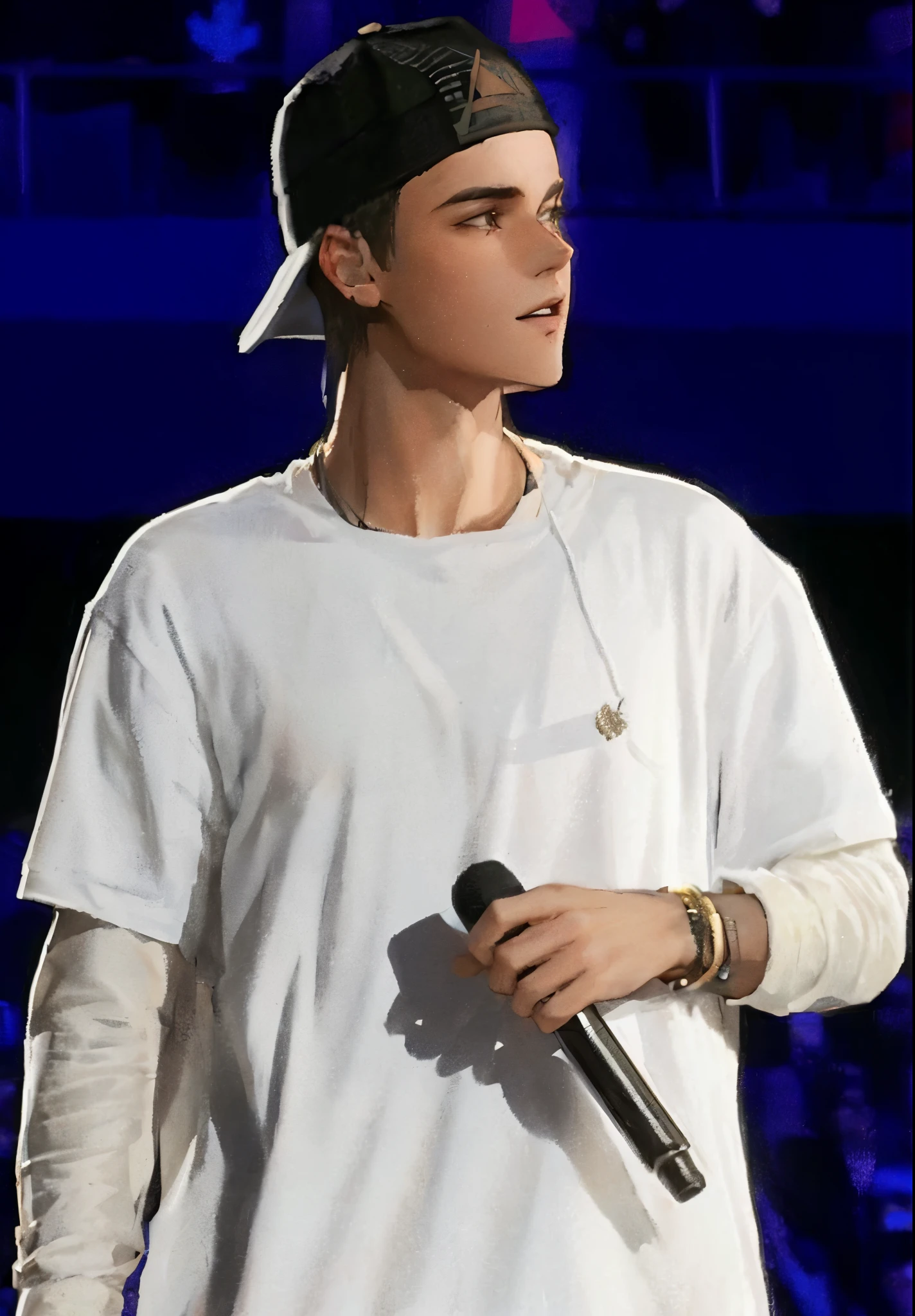 sharp man with white shirt and black hat holding a microphone, Justin Bieber, de retrato de justin beber, he also wears a grey beanie, wears a destroyed hat, olhar sombrio, he is wearing a hat, wearing a baseball cap, his palms are sweaty, no palco, olhando para o lado dele, vestindo roupas brancas, Apresentando-se no palco